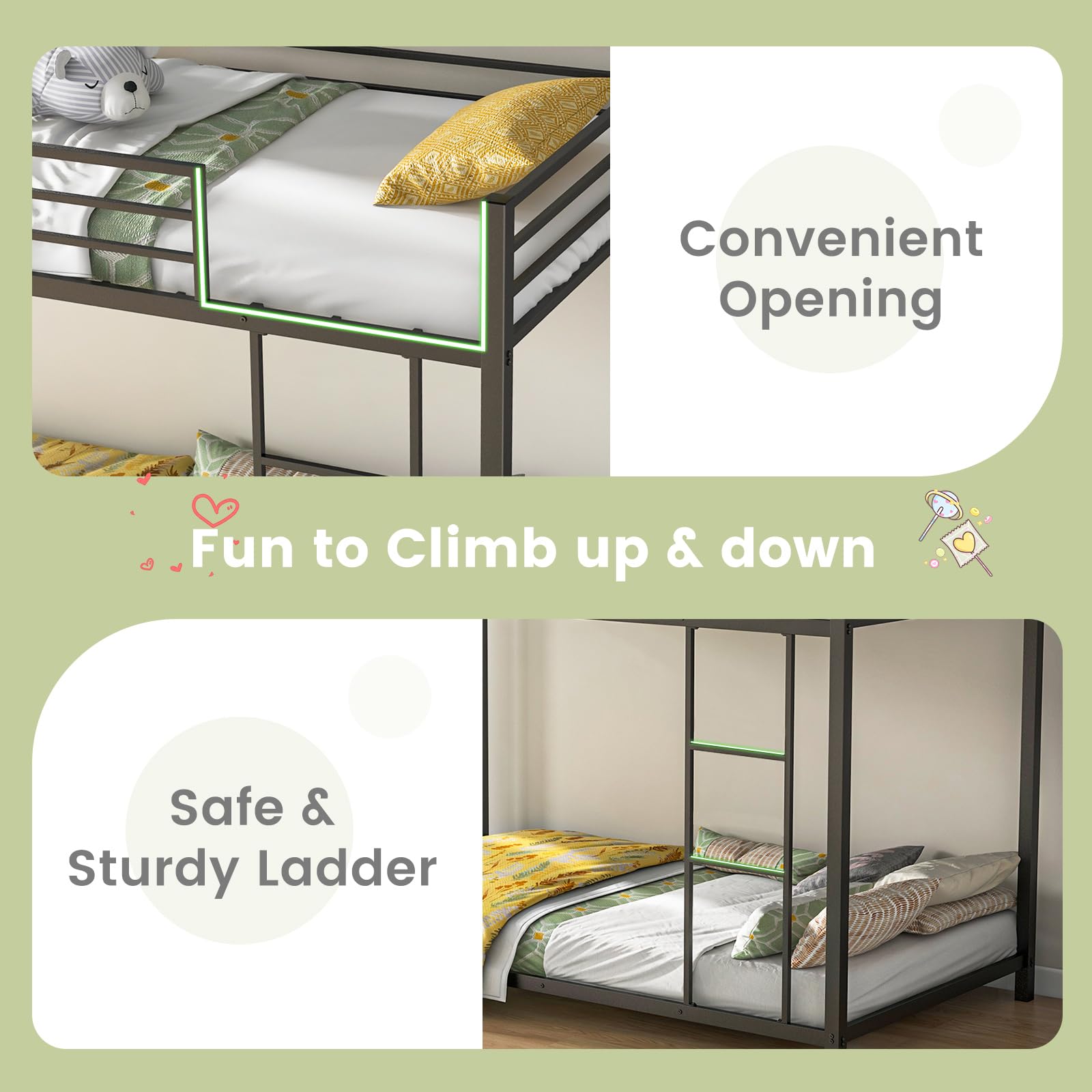 Twin Over Twin Metal Low Floor Bunk Bed with Safety Guard Rail & Ladder
