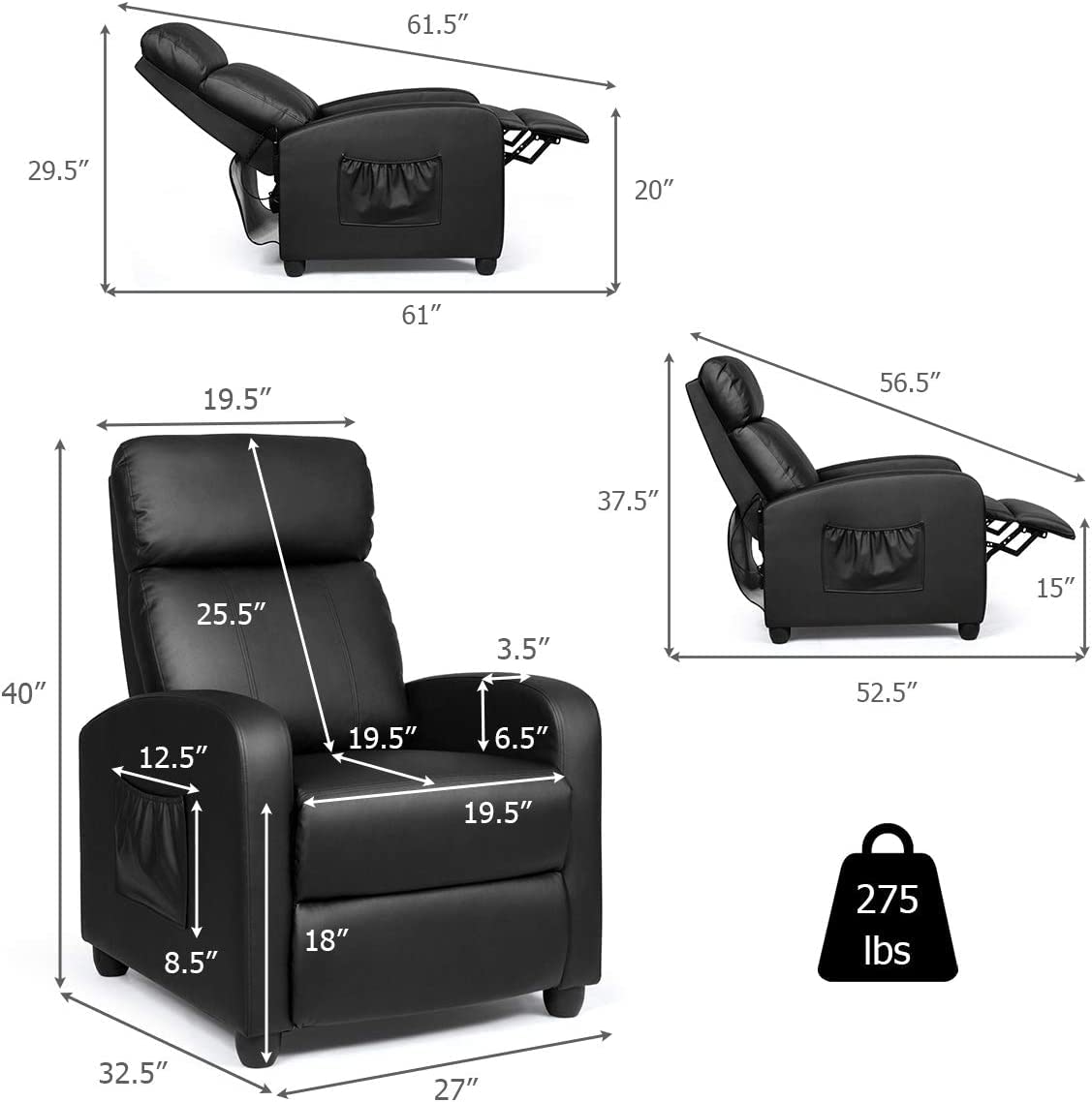 Recliner Chair with Adjustable Backrest & Footrest, Living Room Ergonomic Single Sofa with Remote and Side Pocket