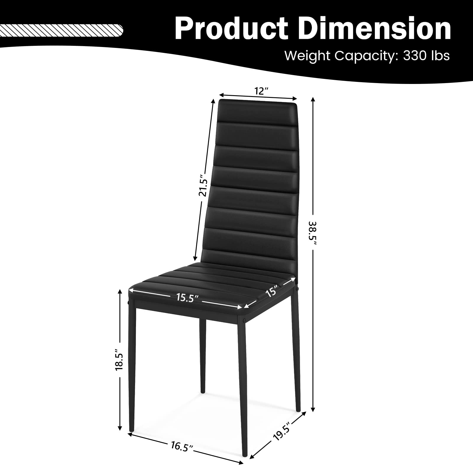 Black Polyvinyl Chloride Metal Dining Chair Set of 6 - Ergonomic High Back, Soft Padded Seat and Back