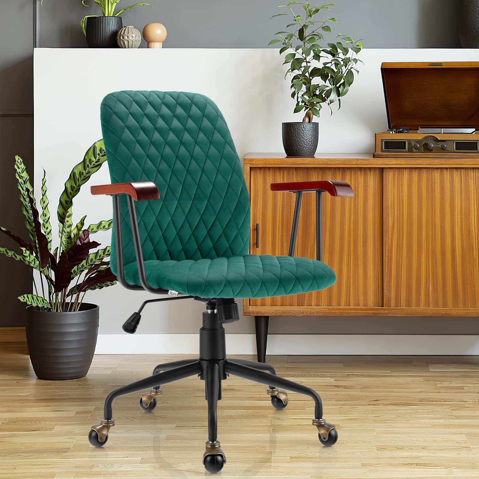 Home Office Desk Chair, Vintage Adjustable Swivel Rolling Chair with Copper Wheels & Armrest