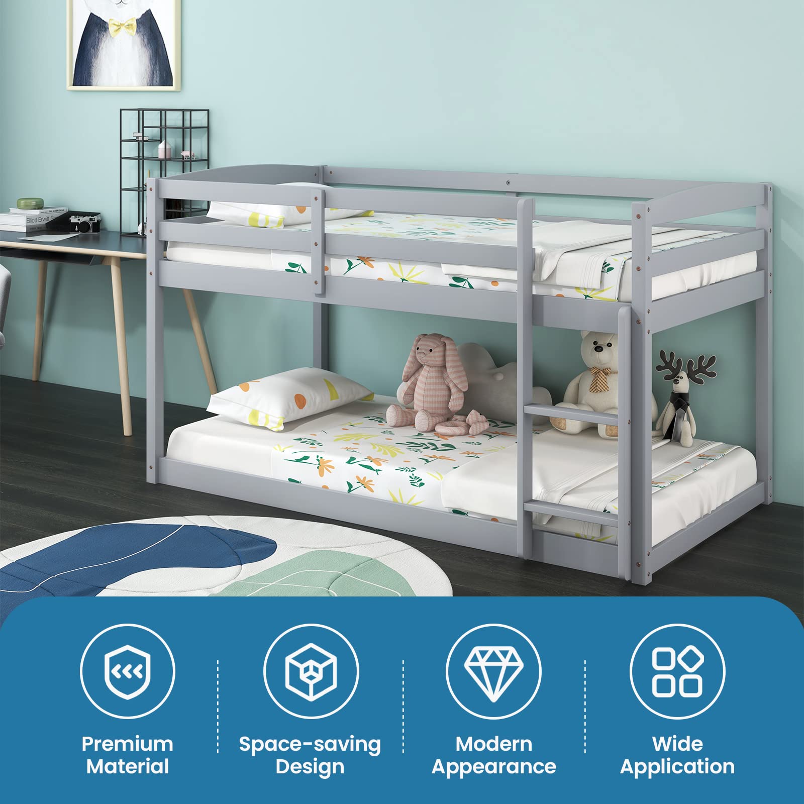 Twin Over Twin Solid Wood Low Bunk Bed with Full Guardrails & Integrated Ladder
