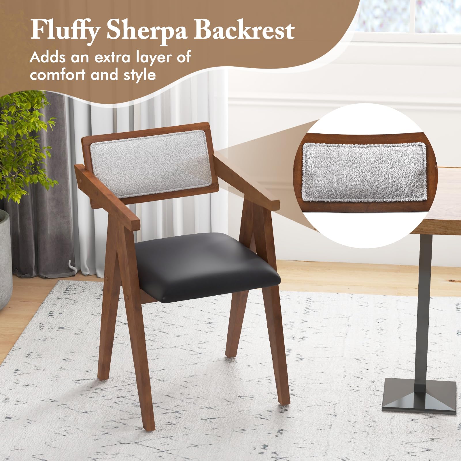 Wooden Dining Chairs Set of 2/4, Mid Century Upholstered Kitchen Chairs w/Leathaire Seat Cushions & Sherpa Backrests