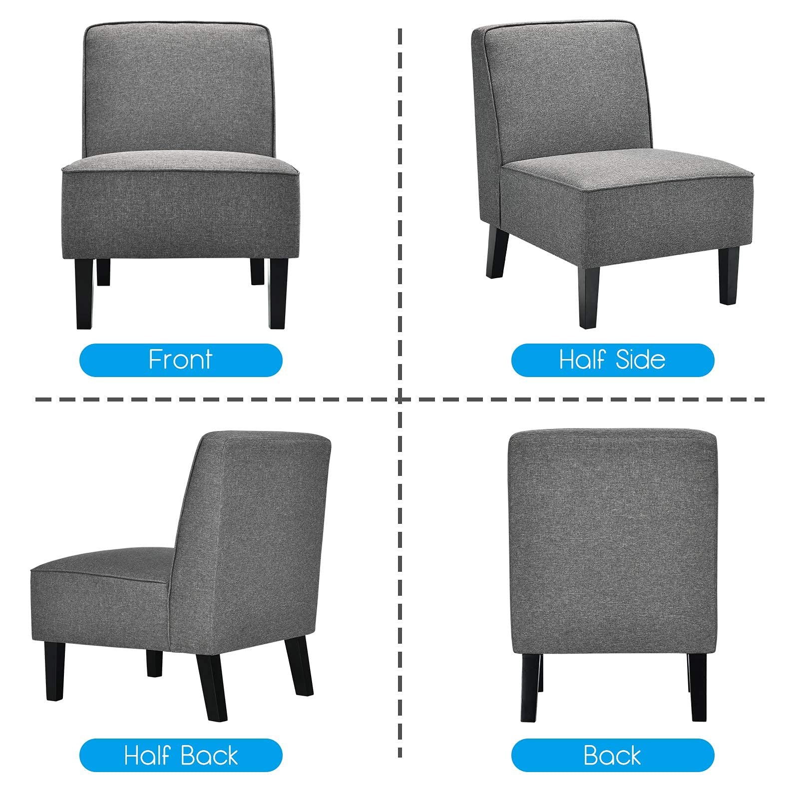 Set of 1/2 Thick Armless Accent Chair with Solid Wood Legs, 9" Thick Sponge Cushion