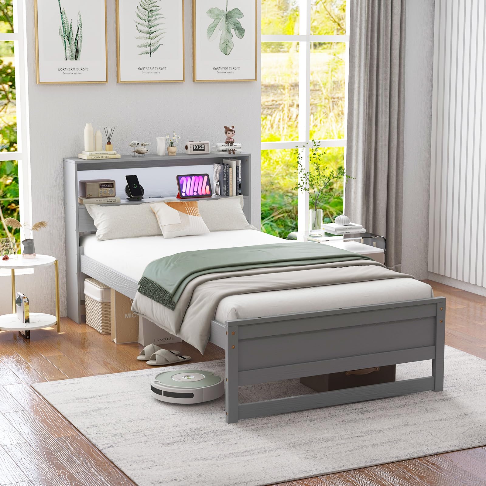 Twin Size Wood Platform Bed Frame with Charging Station & LED Light