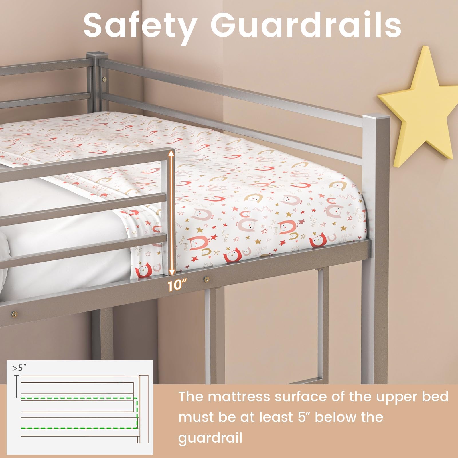 Twin Over Twin Metal Low Floor Bunk Bed with Safety Guard Rail & Ladder