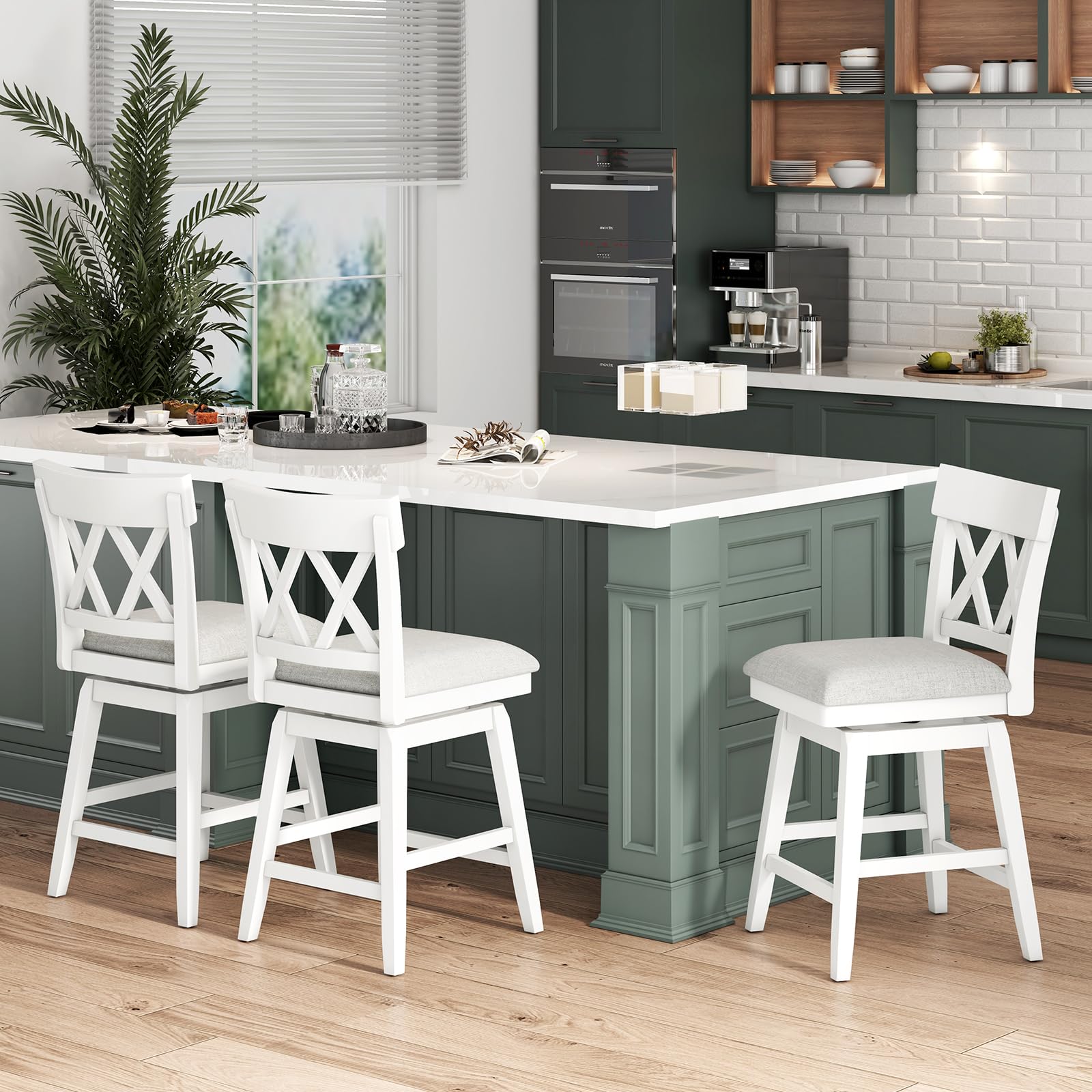 Swivel Counter Height Bar Stool with Contoured Backrest, Padded Seat & Rubber Wood Legs