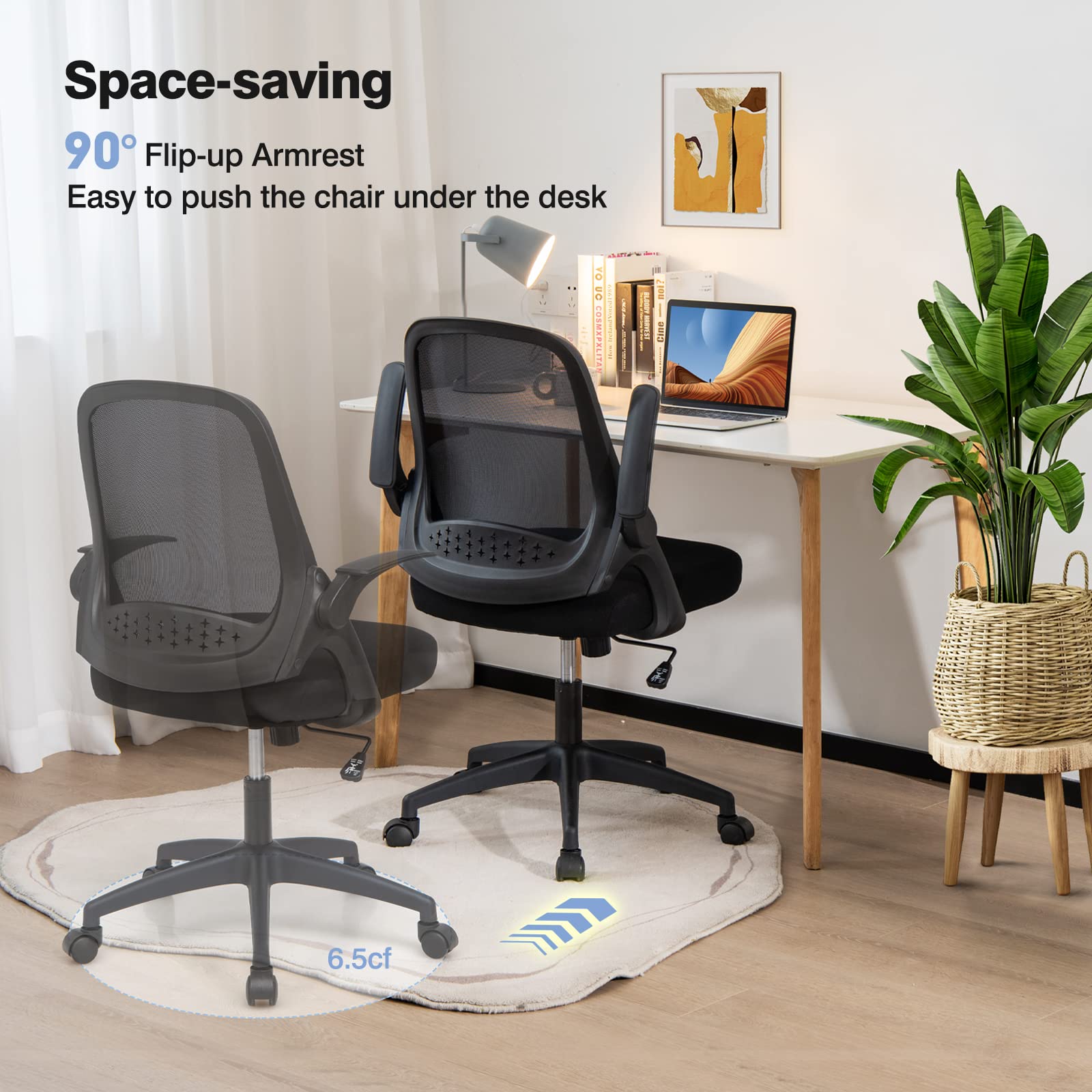Mid-Back Height Adjustable Swivel Mesh Office Chair with Flip-up Armrests, Lumbar Support