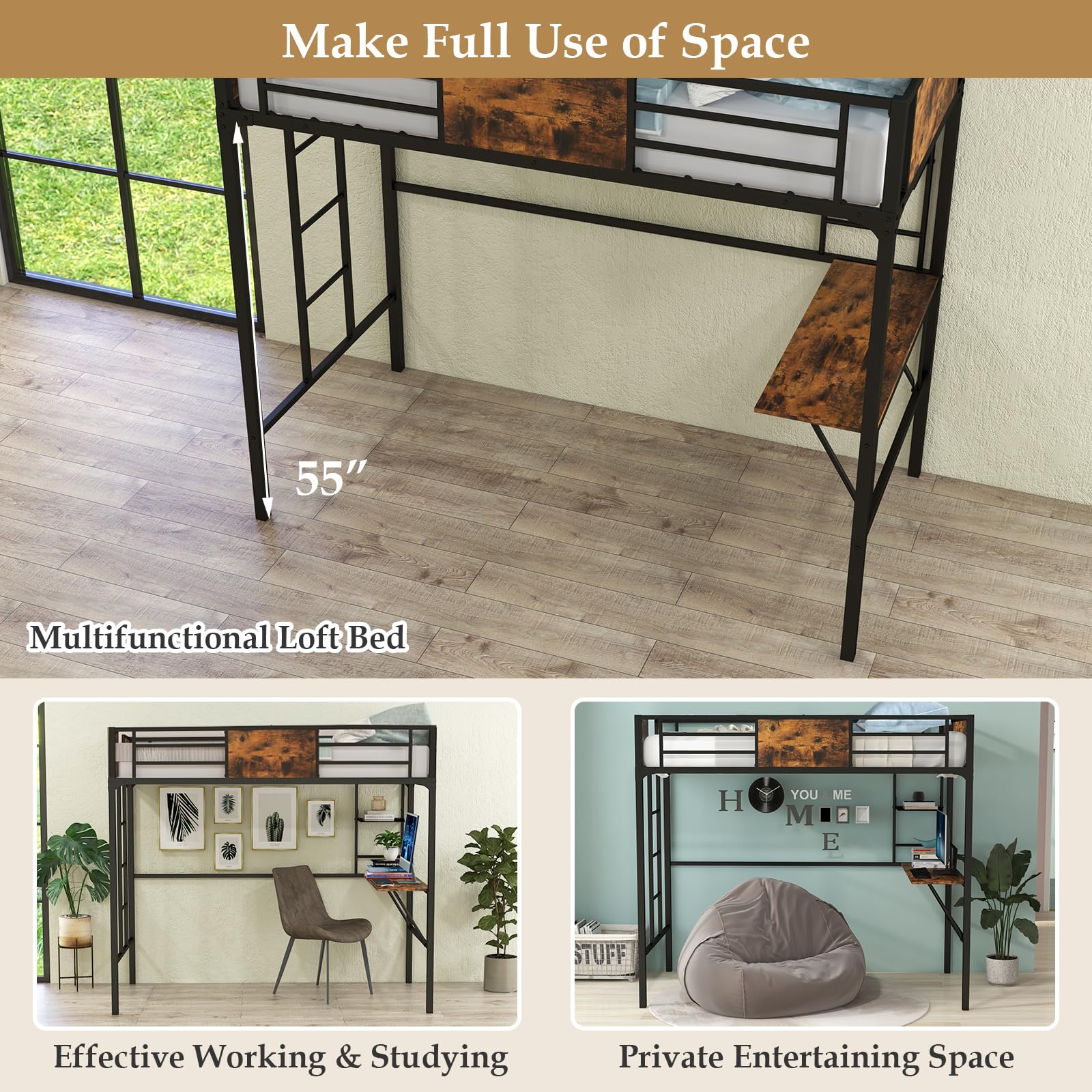 Metal Twin Loft Bed with Desk and Storage Shelf
