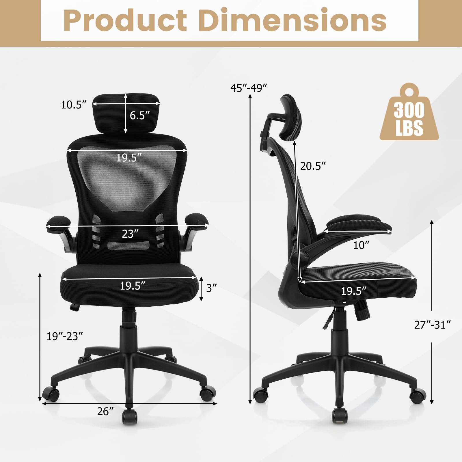 Ergonomic Mesh Office Chair, Home Office Desk Chair with Adjustable Headrest and Lumbar Support