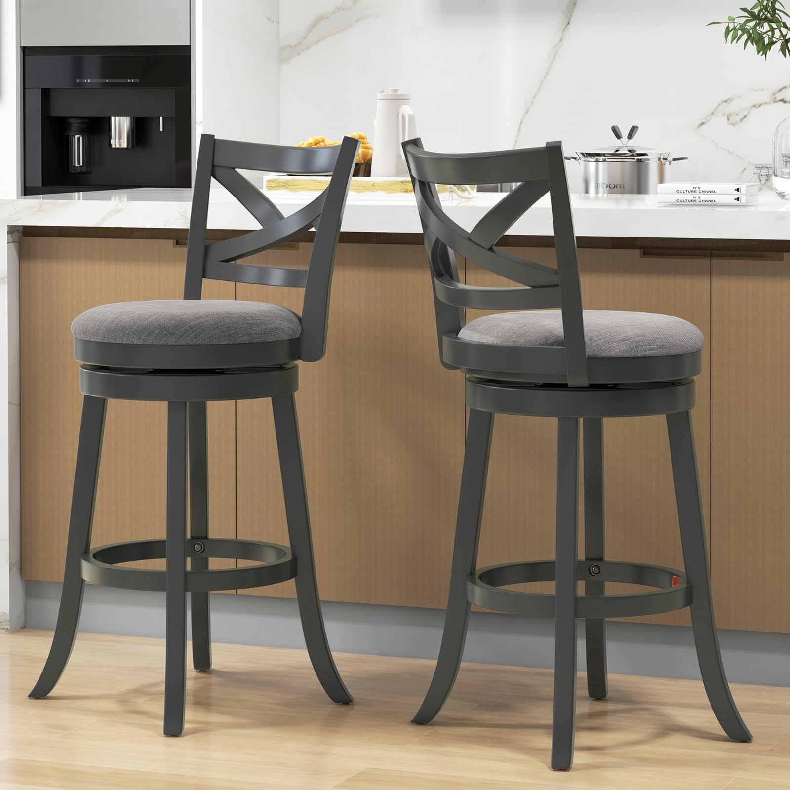 Wood Swivel Bar Stools Set of 2/4, Counter Height Swivel Chairs with Hollow Back & Soft-Padded Seat