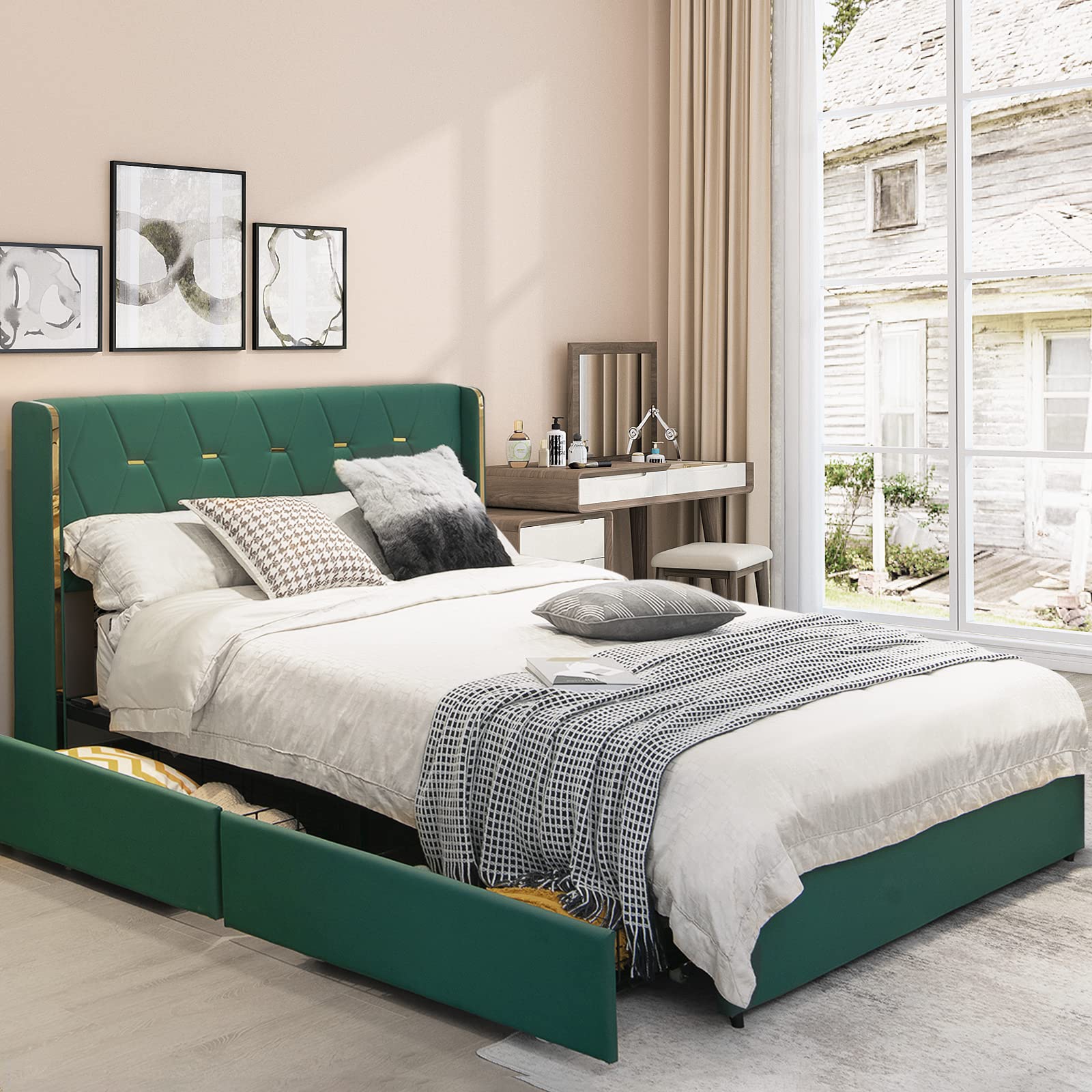 Full/Queen Upholstered Bed Frame with 4 Rolling Storage Drawers, Space Saving PU Leather Bed Frame
