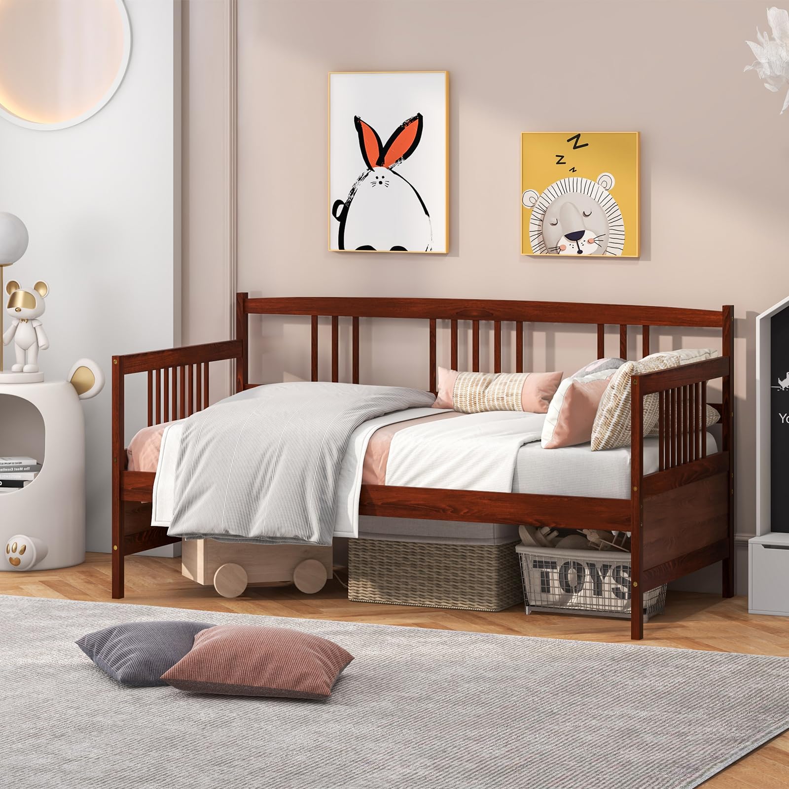 Twin Daybed Frame, Wooden Sofa Bed Guest Bed with Rails & Wood Slat Support