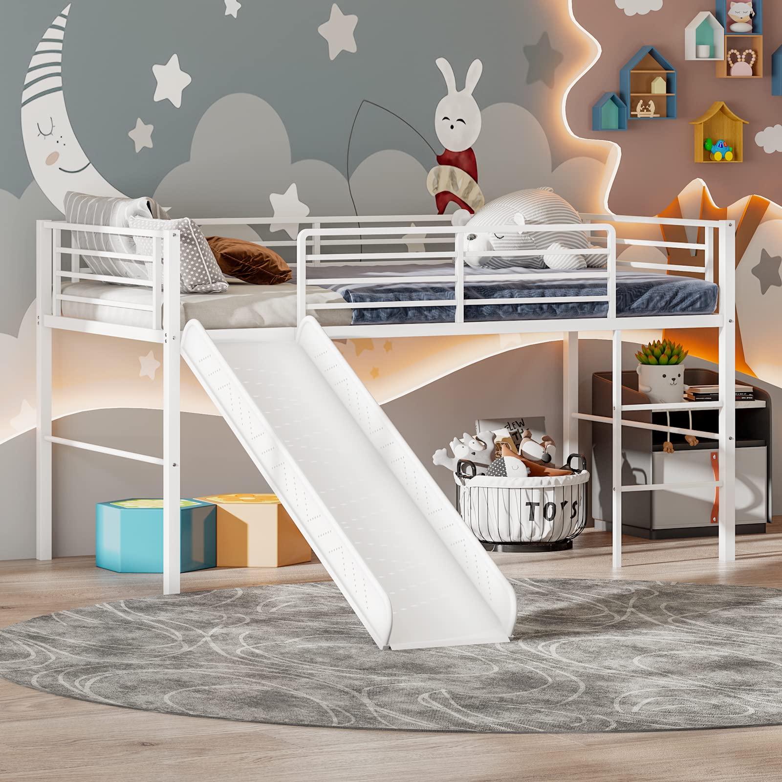 Twin Metal Low Loft Bed with Slide, Safety Guardrails & Built-in Ladder