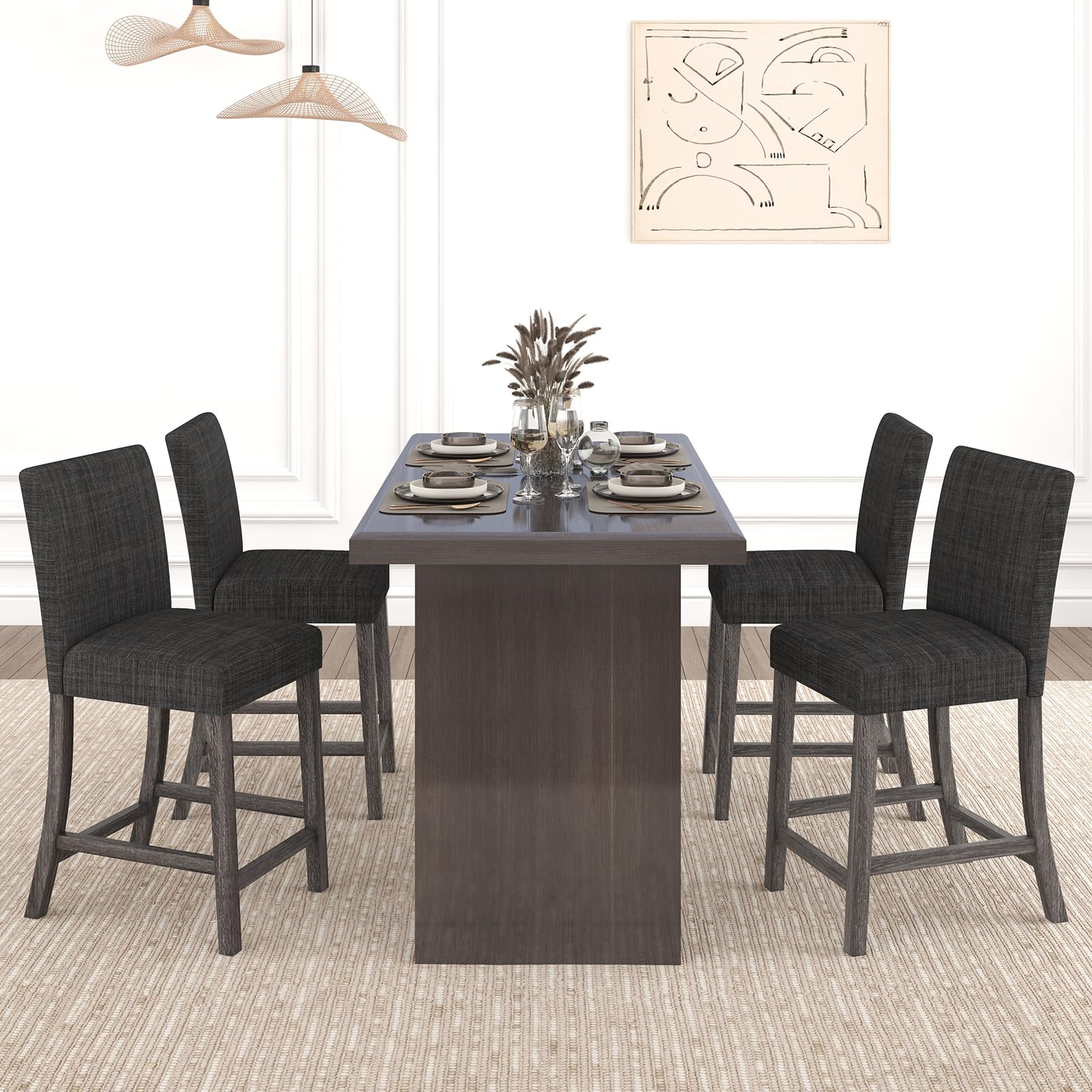 Upholstered Counter Height Bar Stools Set of 2/4 with Ergonomic Backrest, Solid Wood Frame