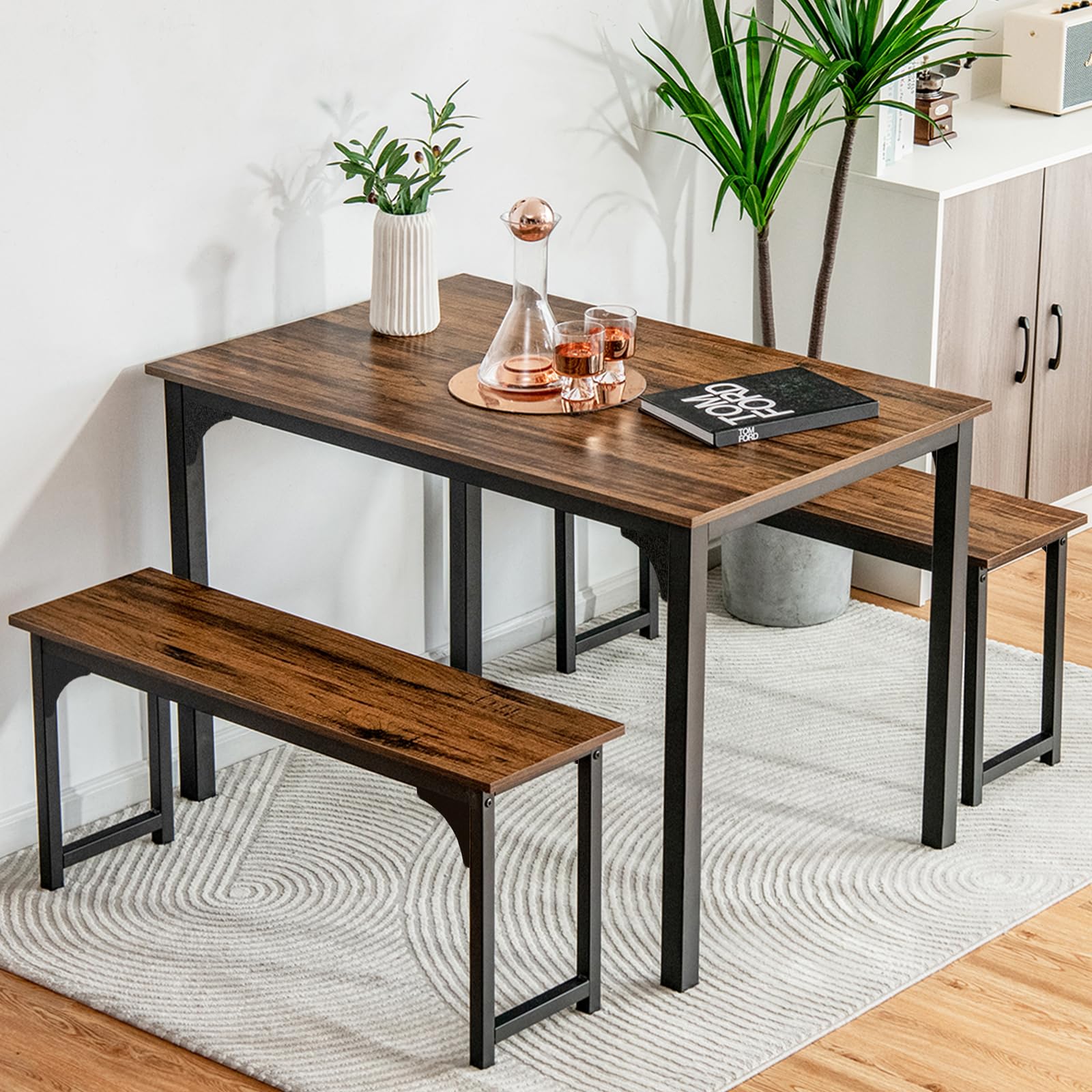 Dining Table Set for 4, 3-Piece Kitchen Table with 2 Benches