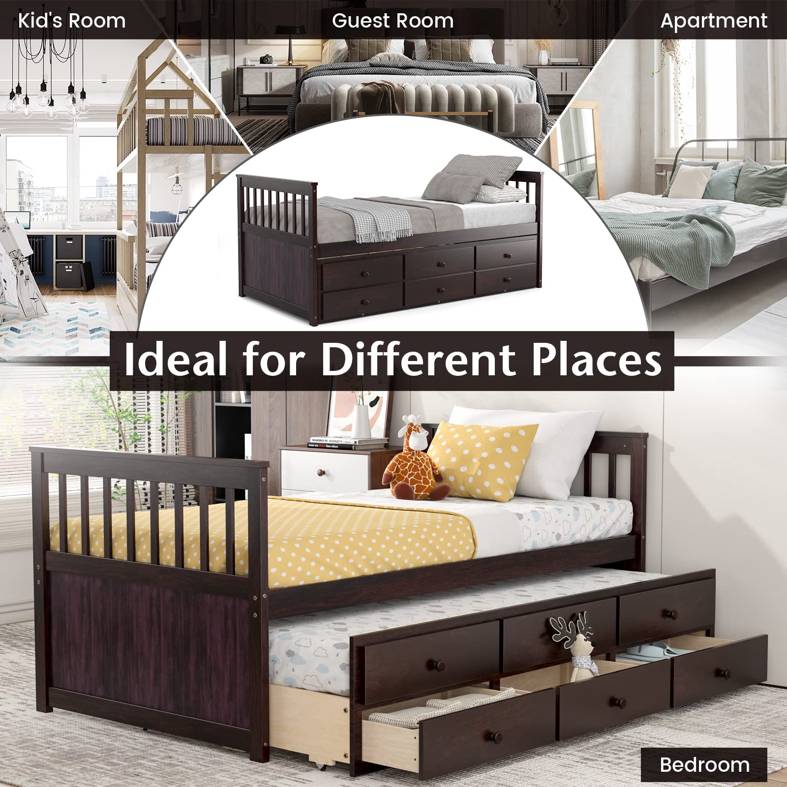 Twin Size Wooden Captain Daybed with Trundle and 3 Storage Drawers