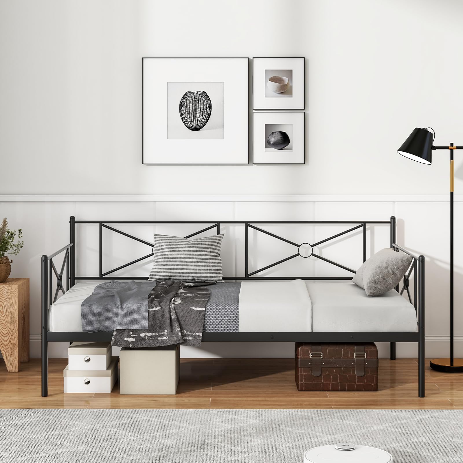 Twin Size Metal Daybed Frame, Heavy-Duty Steel Slats Support Platform Bed Frame, Multifunctional Sofa Guest Bed with Headboard