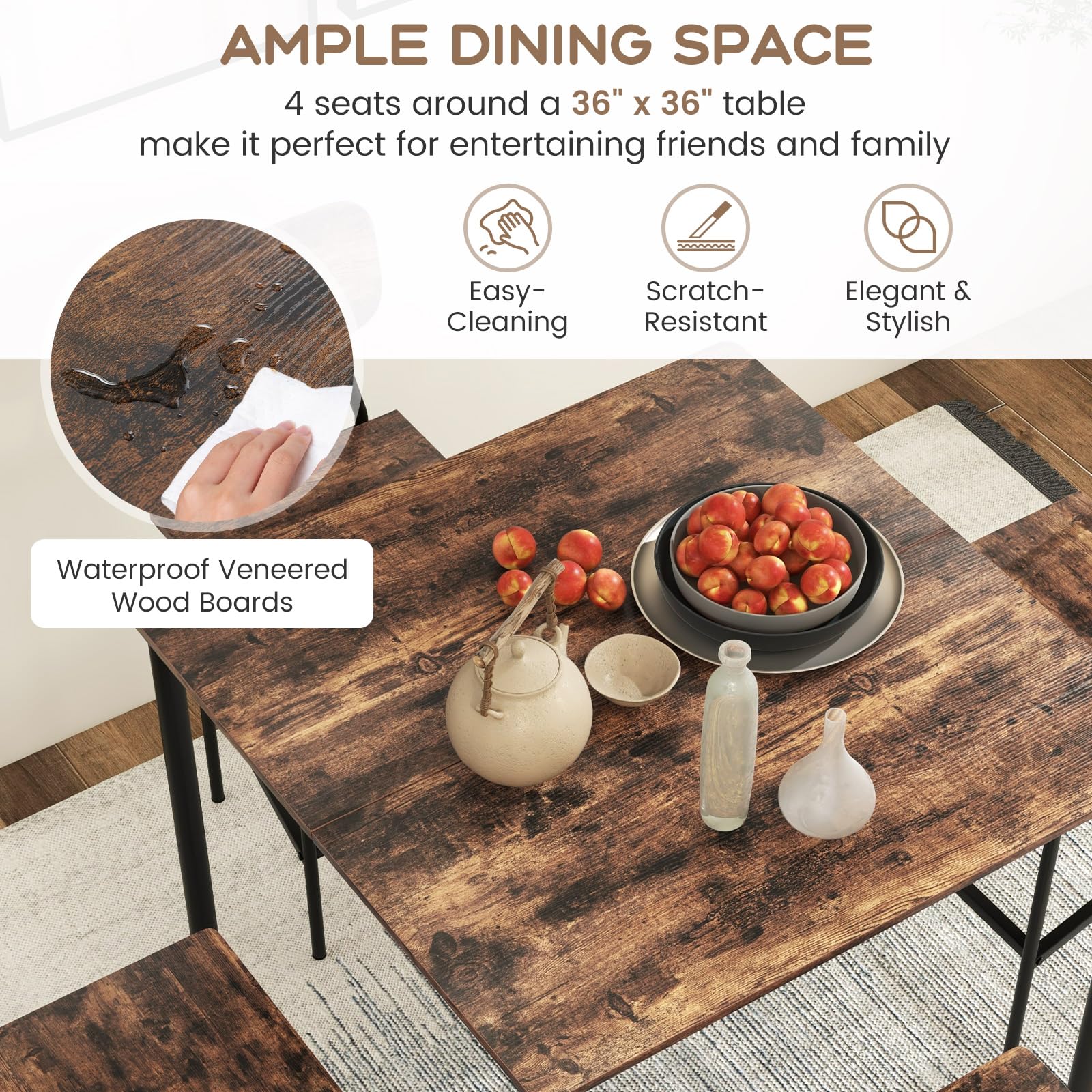 5 Piece Dining Table Set with Counter Height Table & 4 Bar Stools, Industrial Kitchen Dining Table Set  with Footrest & Backrest