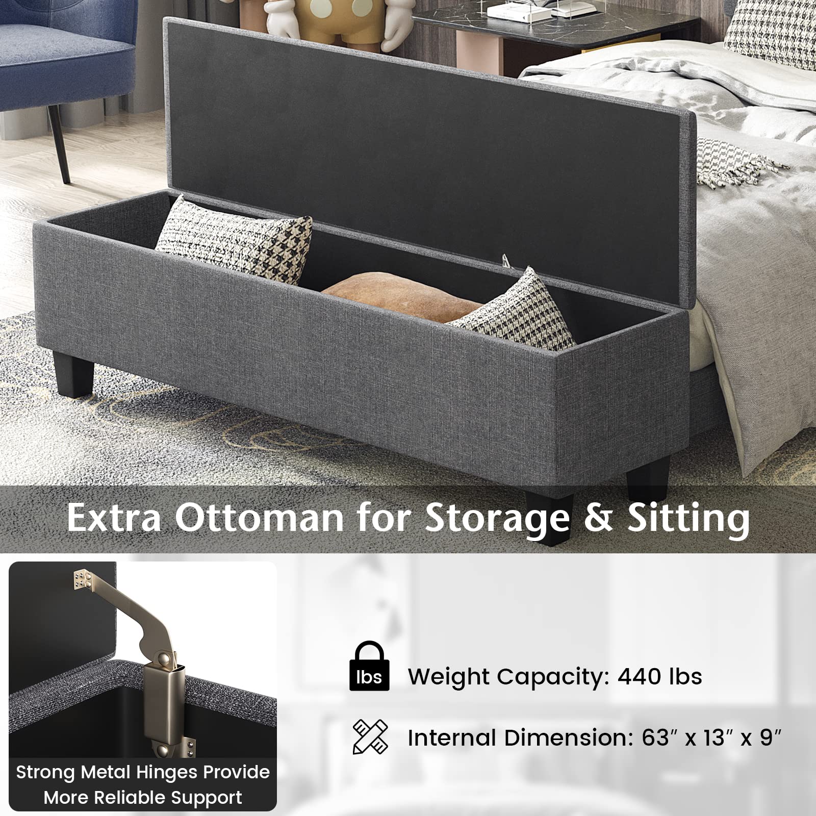 Full/Queen Size Upholstered Bed Frame with Ottoman Storage