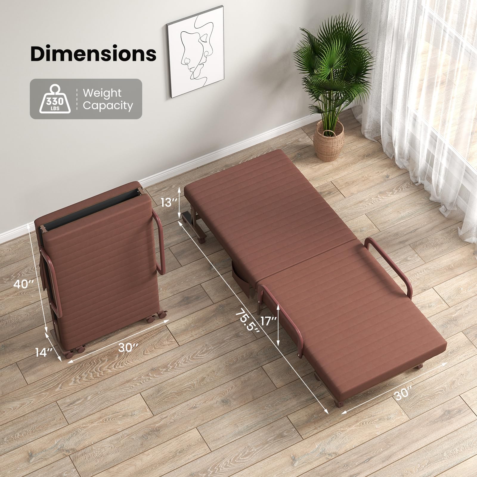 Folding Bed With Mattress, Portable Guest Bed With Adjustable 6 Position & Side Storage Pocket