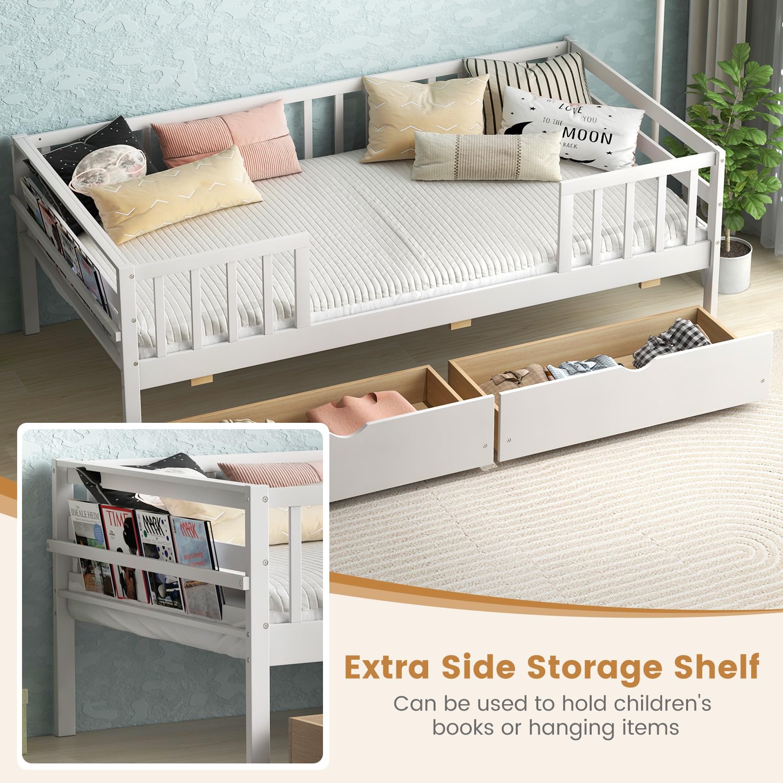Wood Twin Bed Frame with Fence Rails & 2 Pull-Out Drawers