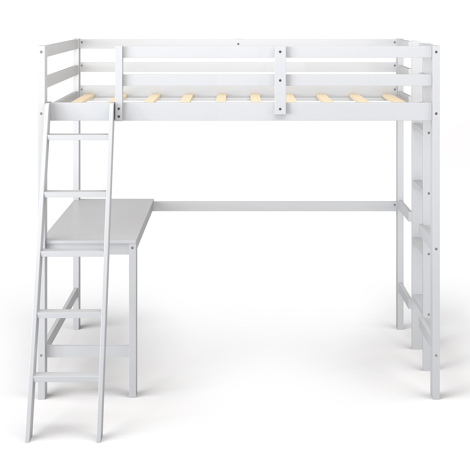 Twin Size Wood Loft Bed with Desk, 2 Ladders, Full Length Guardrail for Kids Teens Adults