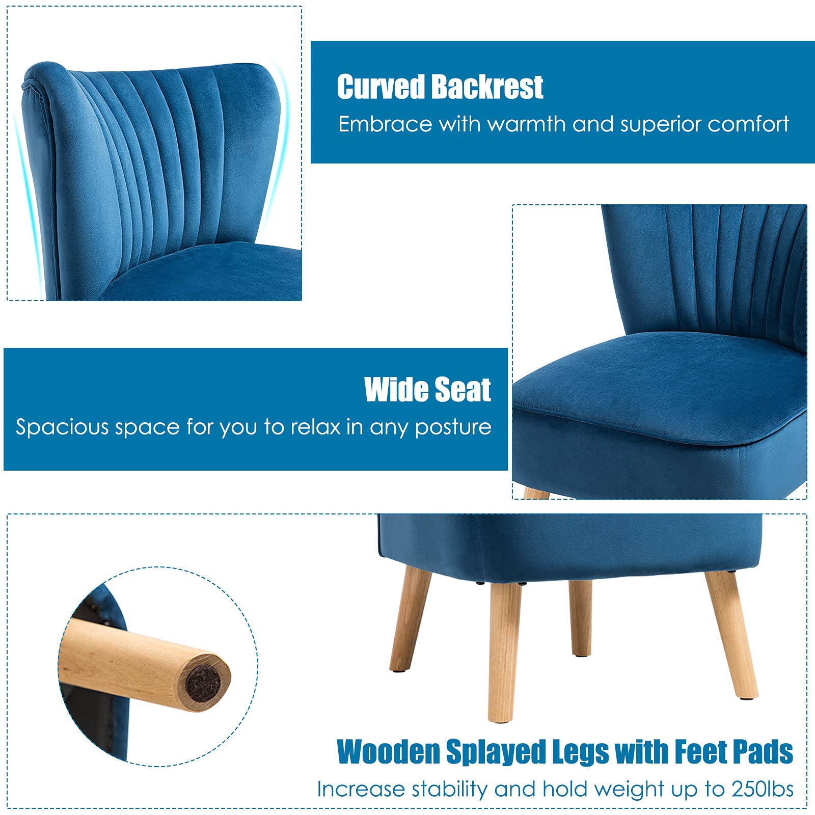 Upholstered Armless Accent Chair w/Rubber Wood Legs & Thick Sponge Seat