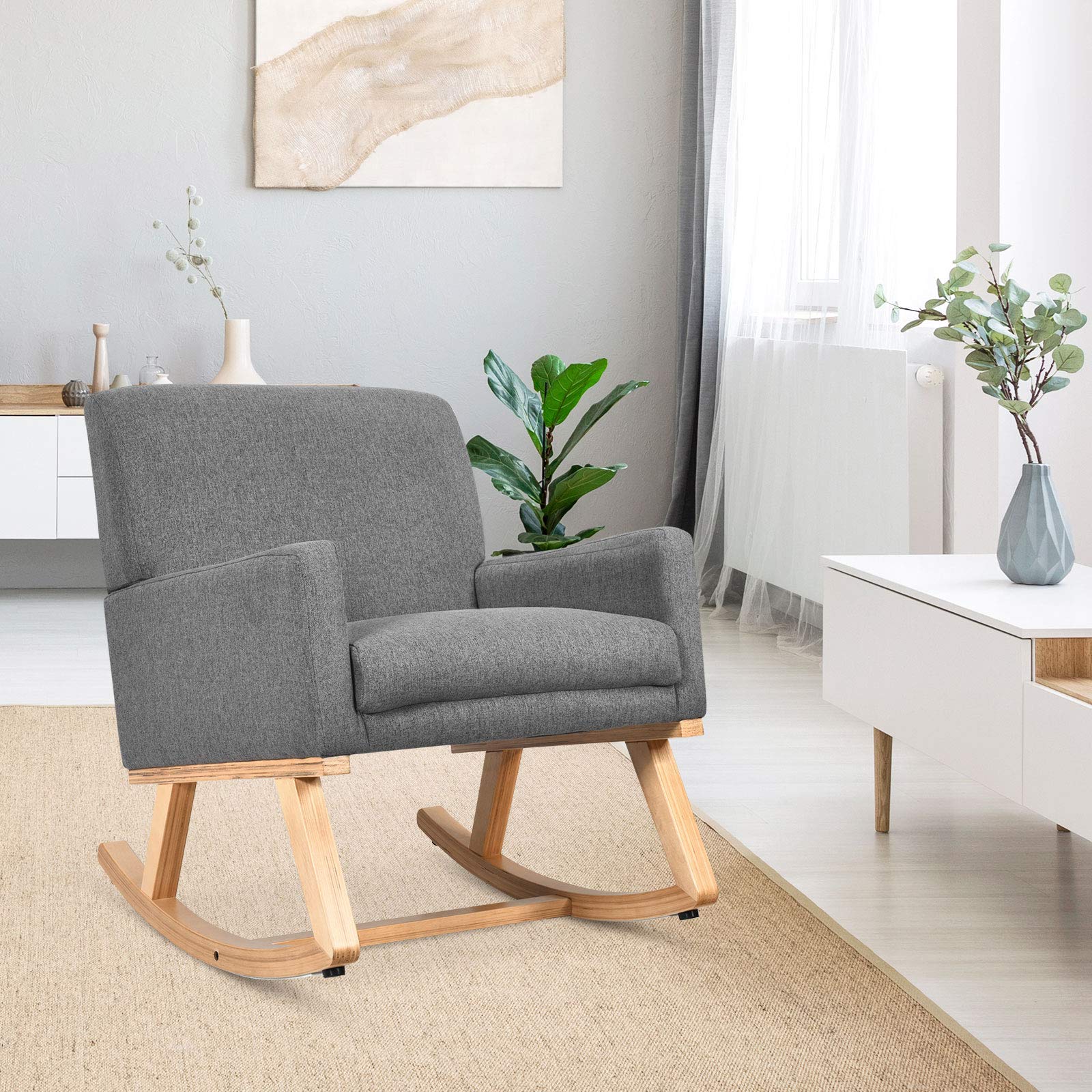 Upholstered Rocking Chair with Fabric Padded Seat and Solid Wood Base