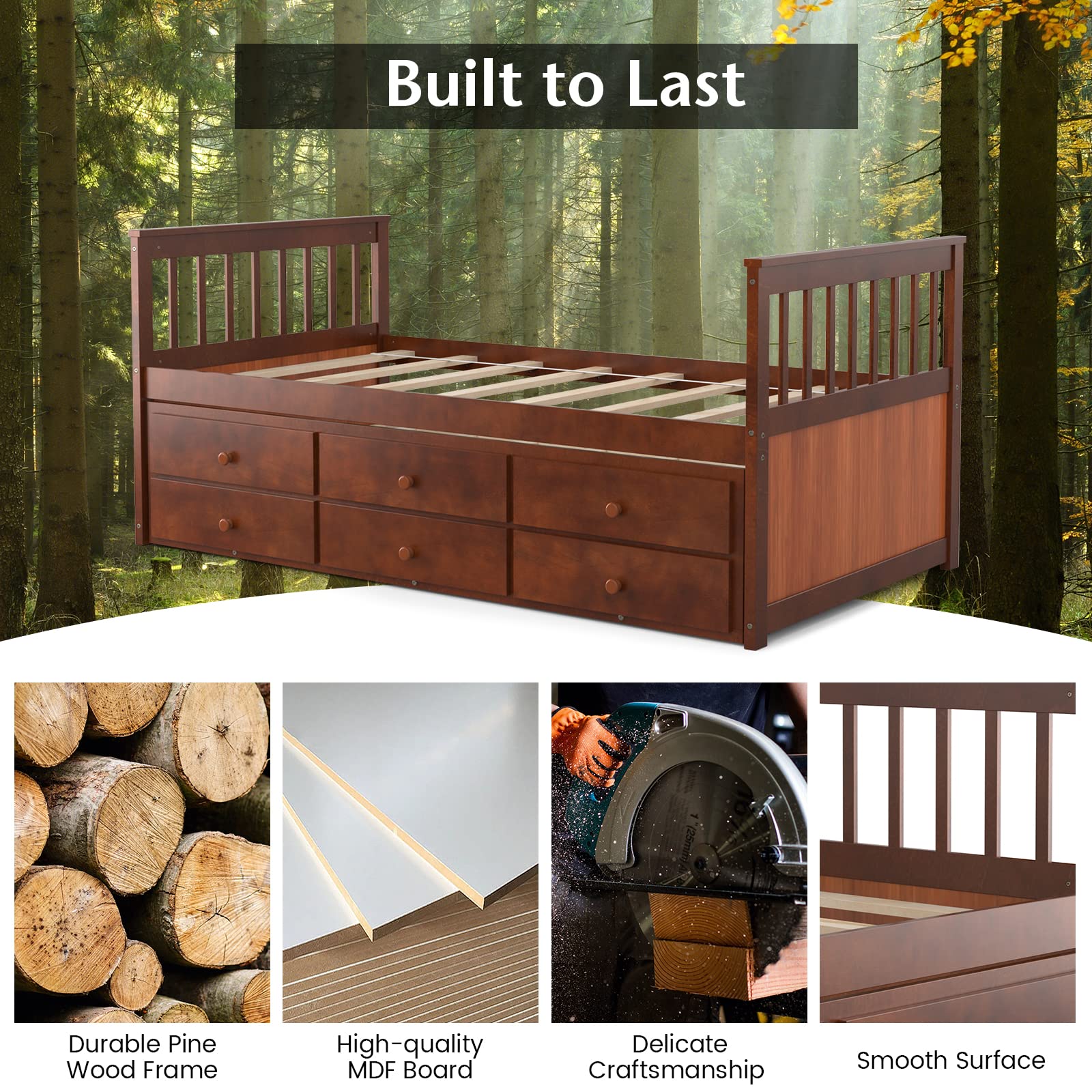 Twin Size Wooden Captain Daybed with Trundle and 3 Storage Drawers