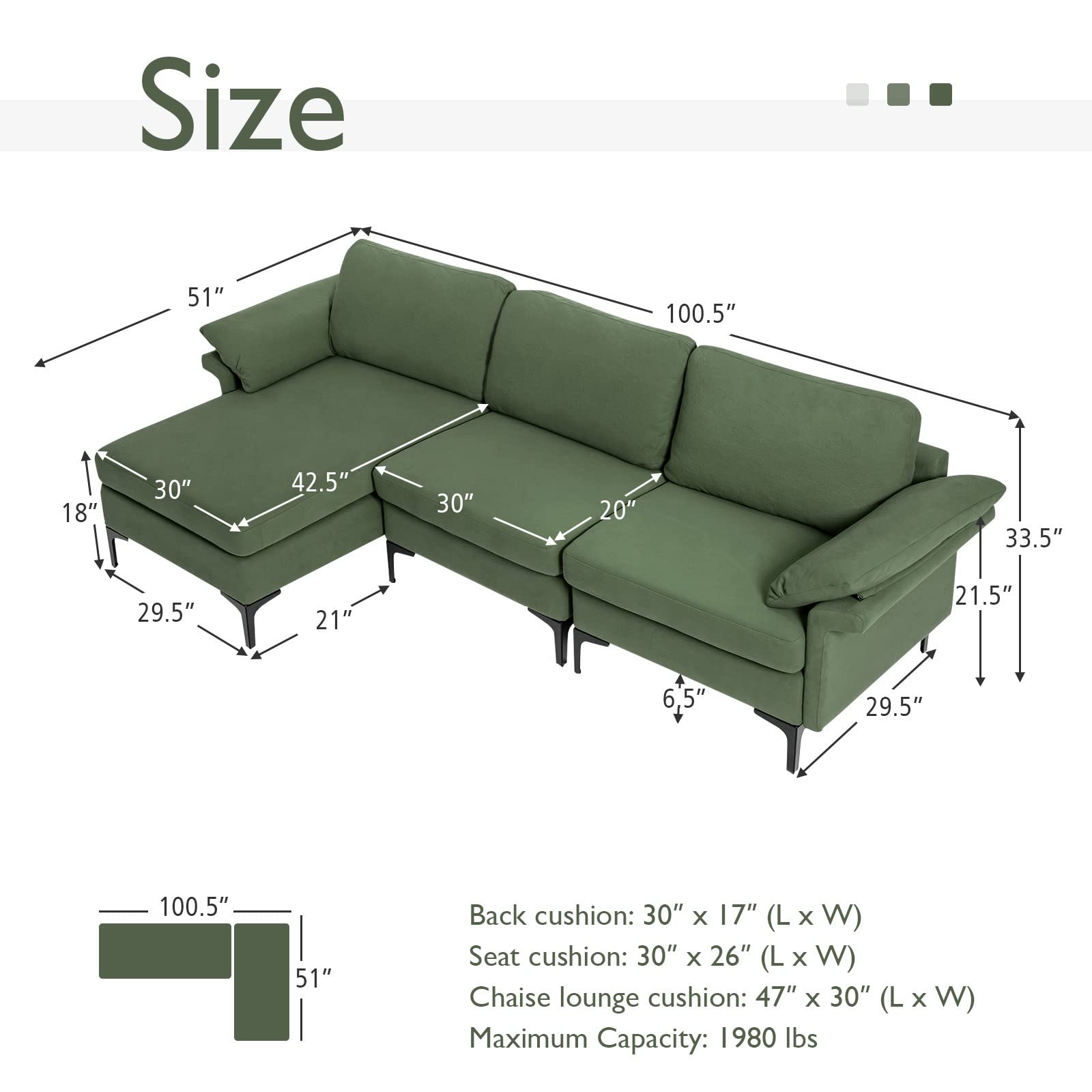 100.5 Inch Convertible L-Shaped Sectional Sofa Couch, 3-Seat Sofa with Reversible Chaise Lounge