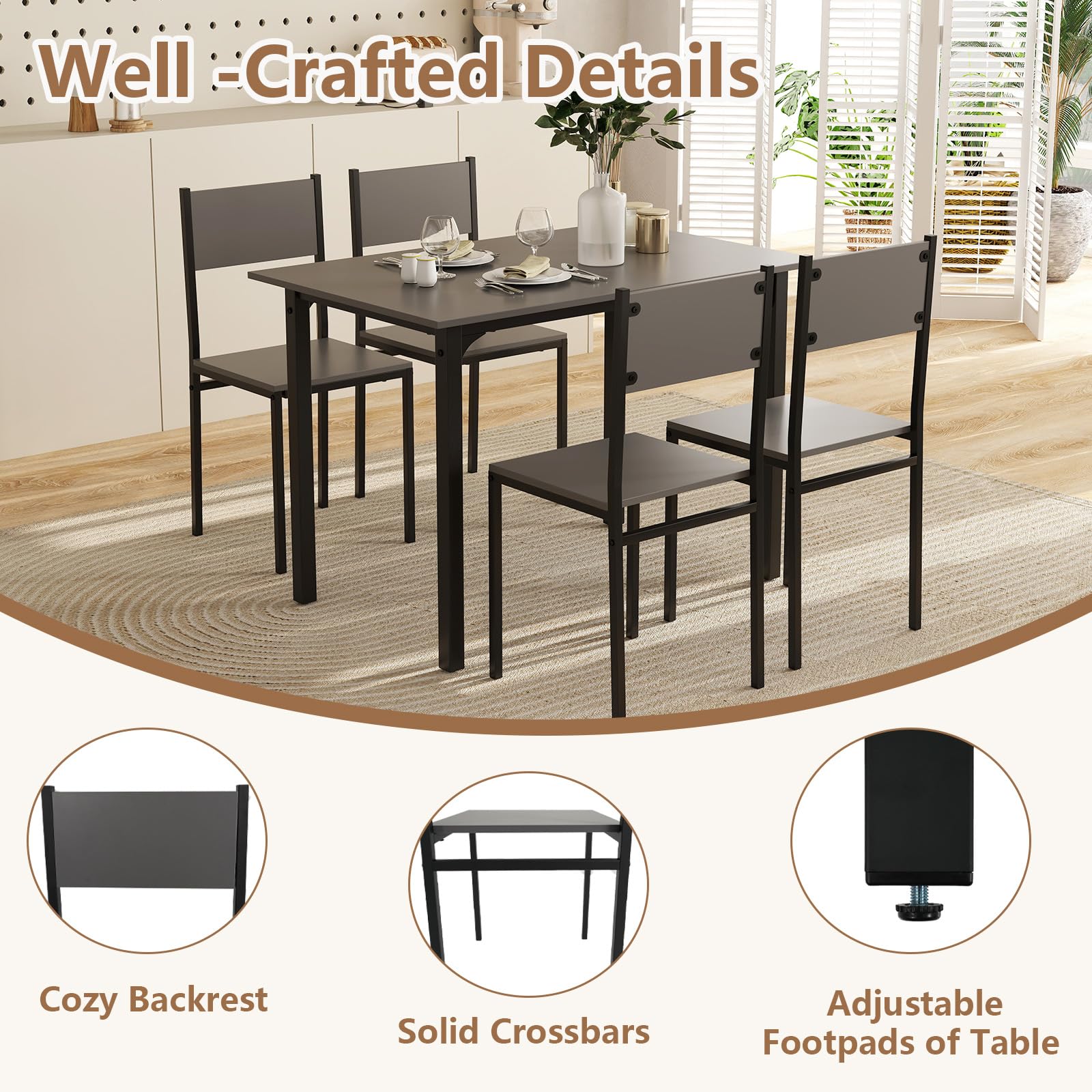 5-Piece Dining Table Set, Industrial Kitchen Table and Chairs for 4 with Backrest and Metal Frame