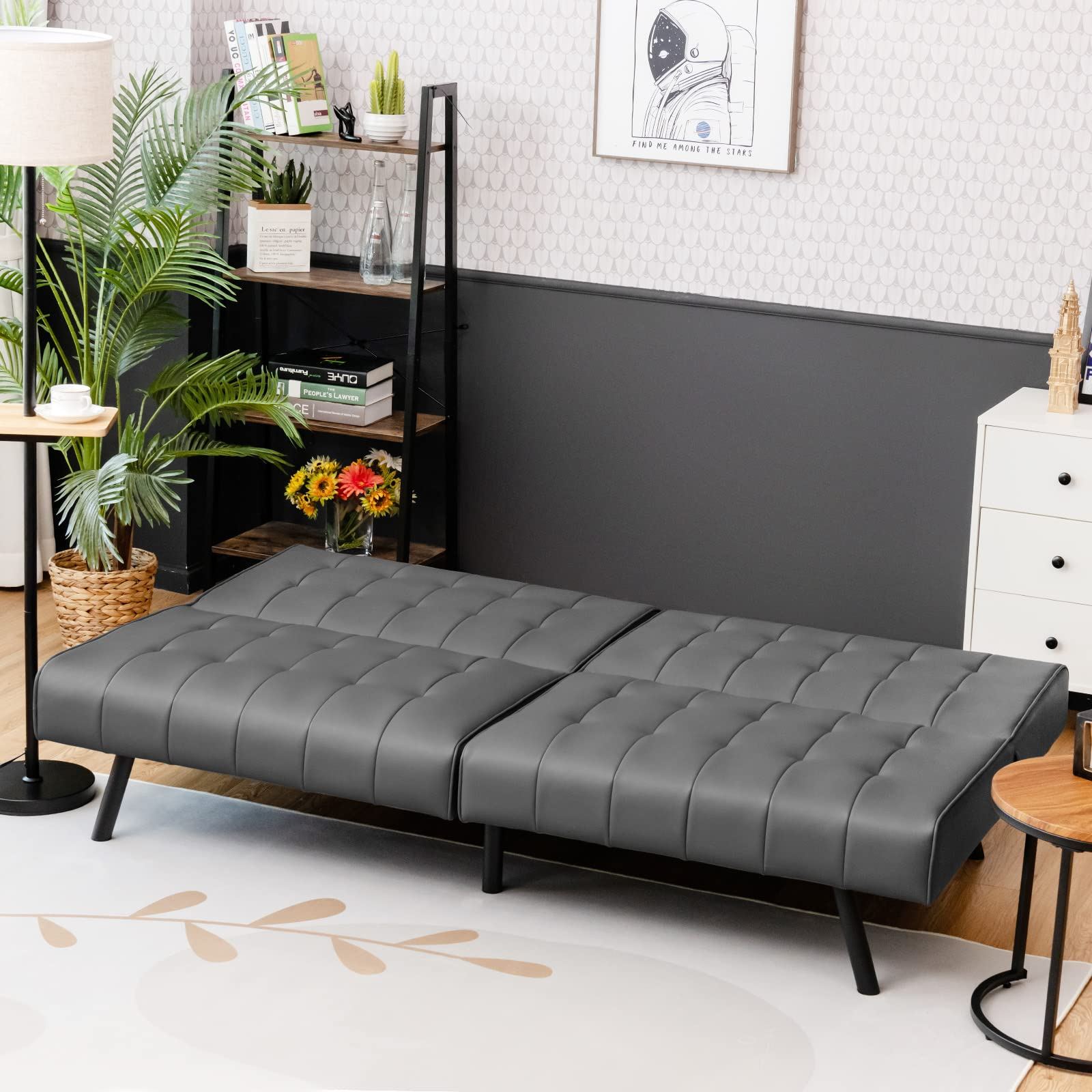 Faux Leather Futon Sofa Bed with Adjustable Backrest