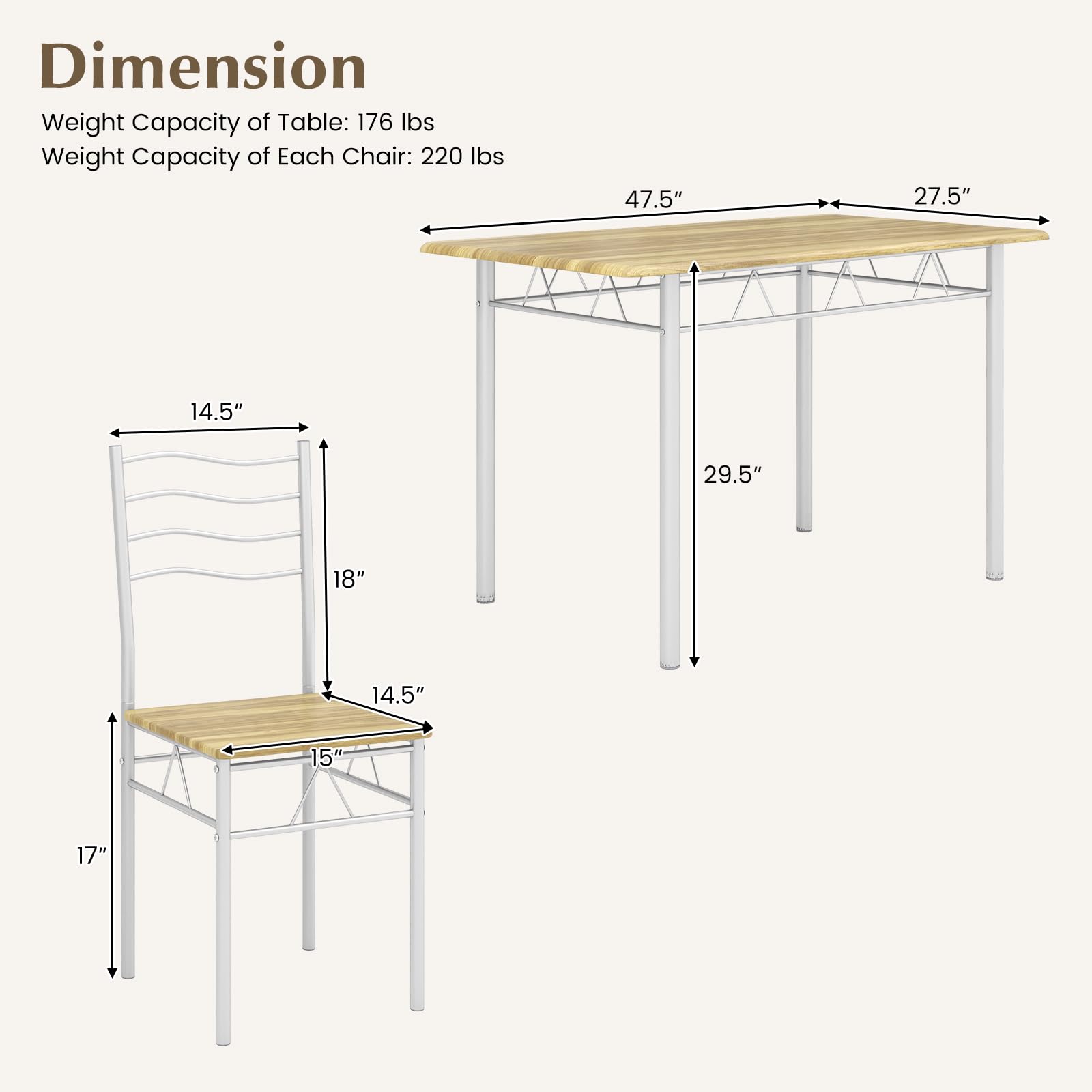 5 Piece Dining Table Set with 4 Chairs, Metal Frame Wood Like Tabletop Kitchen Furniture