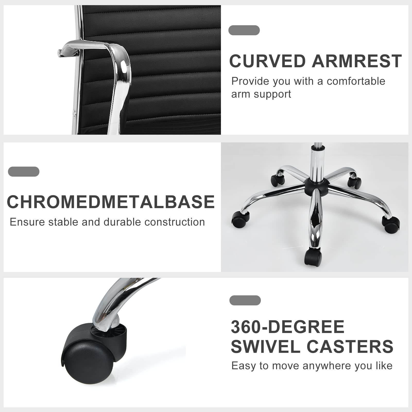 Ribbed Office Chair, Ergonomic Modern Leather Desk Chair with Adjustable Height & Arms, Swivel Mid Back Executive Conference Room Chairs