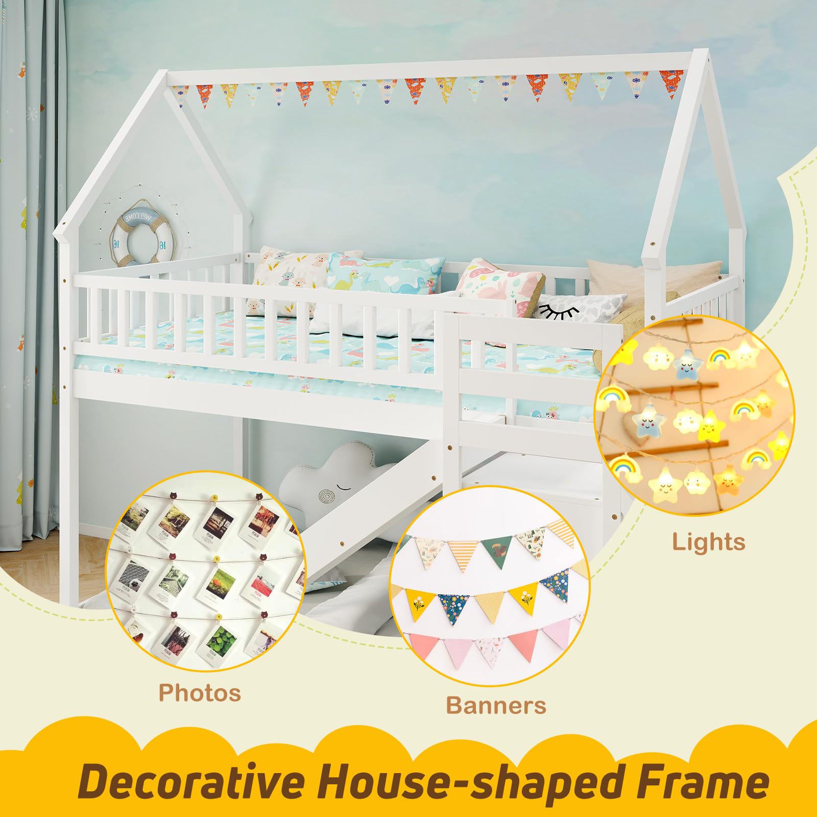 Twin Over Twin  Wood House Bunk Bed with Slide & Stairs, Storage Shelves