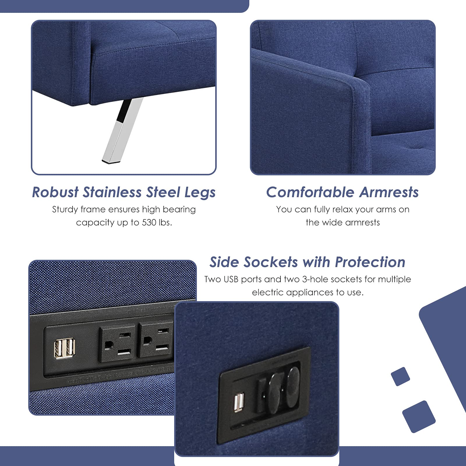 Modern 3 Seat Convertible Futon Sofa Bed with USB and Power Strip