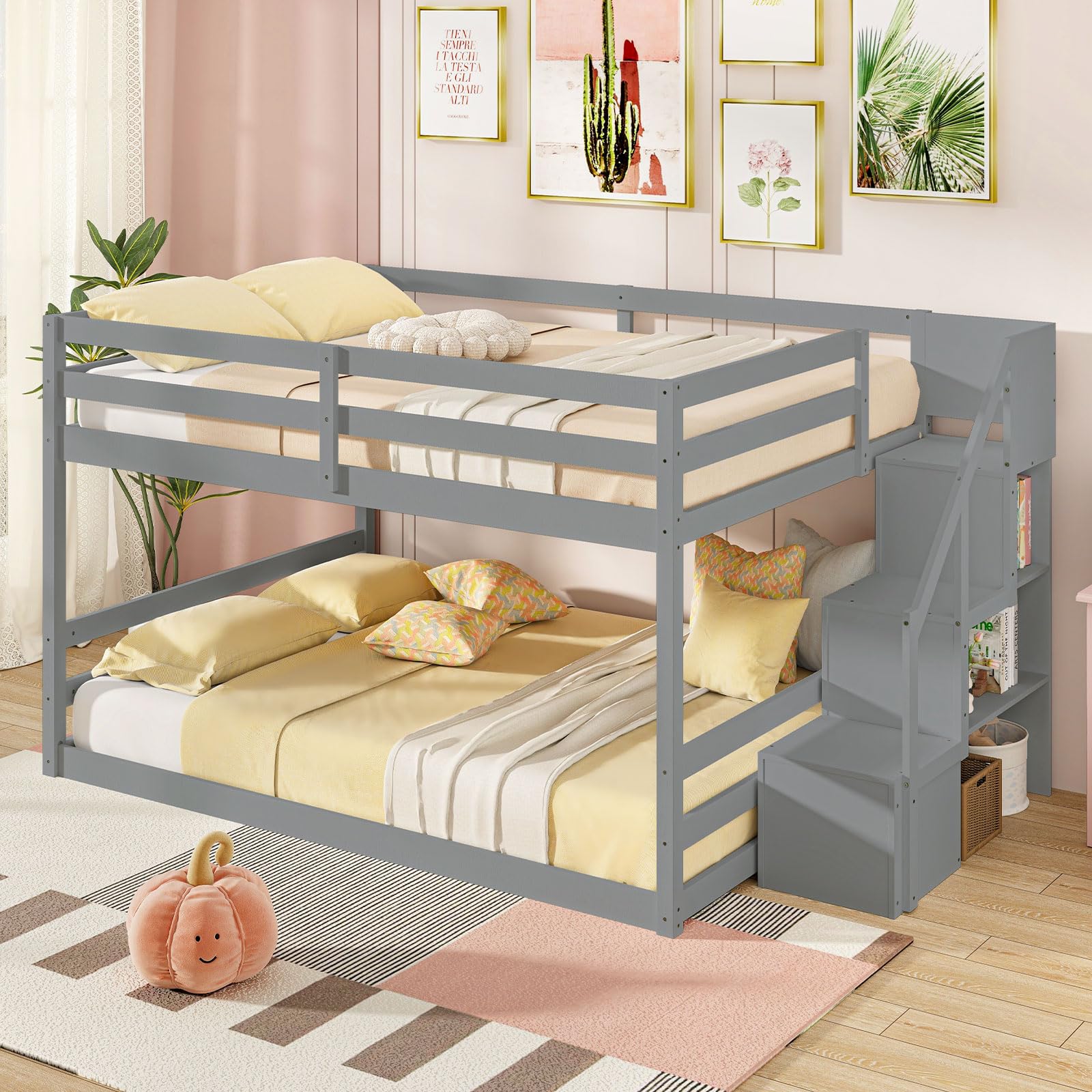 Bunk Bed with Stairs, Solid Wood Floor Bunk Bed with Storage Staircase & Full-Length Guardrails