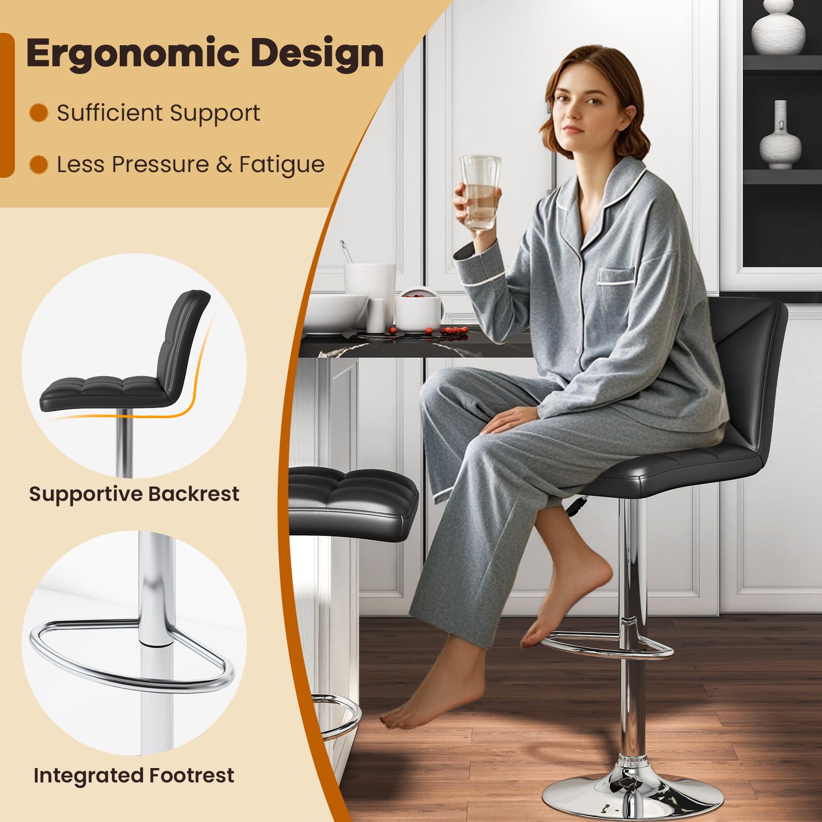 Bar Stools Set of 2/4, Modern PU Leather Swivel Counter Height Bar Stools with Back, Heavy-Duty Metal Base & Footrest