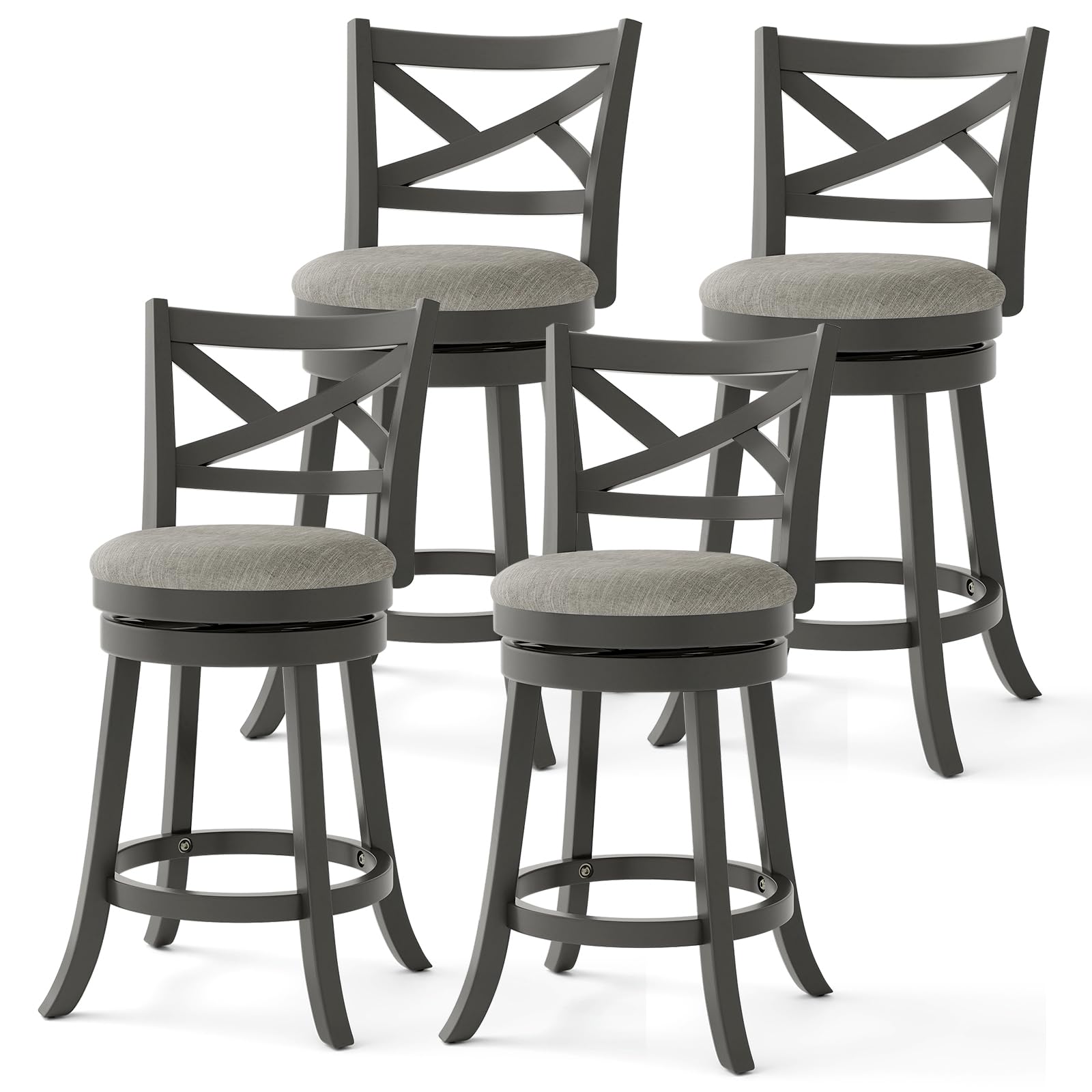 Wood Swivel Bar Stools Set of 2/4, Counter Height Swivel Chairs with Hollow Back & Soft-Padded Seat