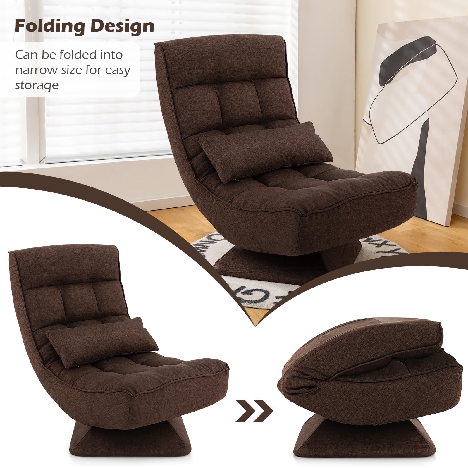 Adjustable Swivel Floor Chair, 5 Position Video Game Chair with Massage Lumbar Pillow, Swivel Base, Steel Frame