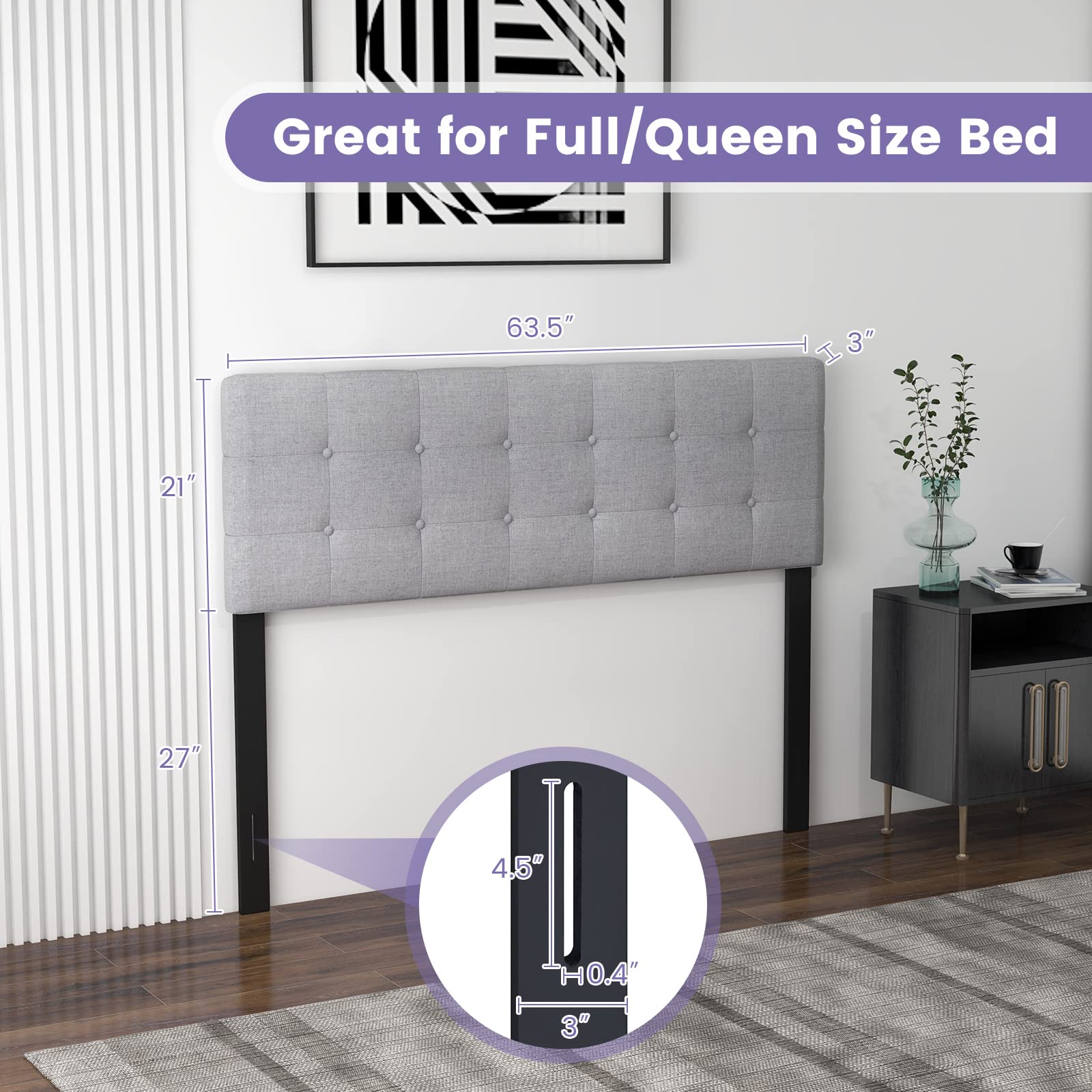 Linen Upholstered Headboard, Modern Tufted Button Bed Headboard with Solid Rubber Wood Legs
