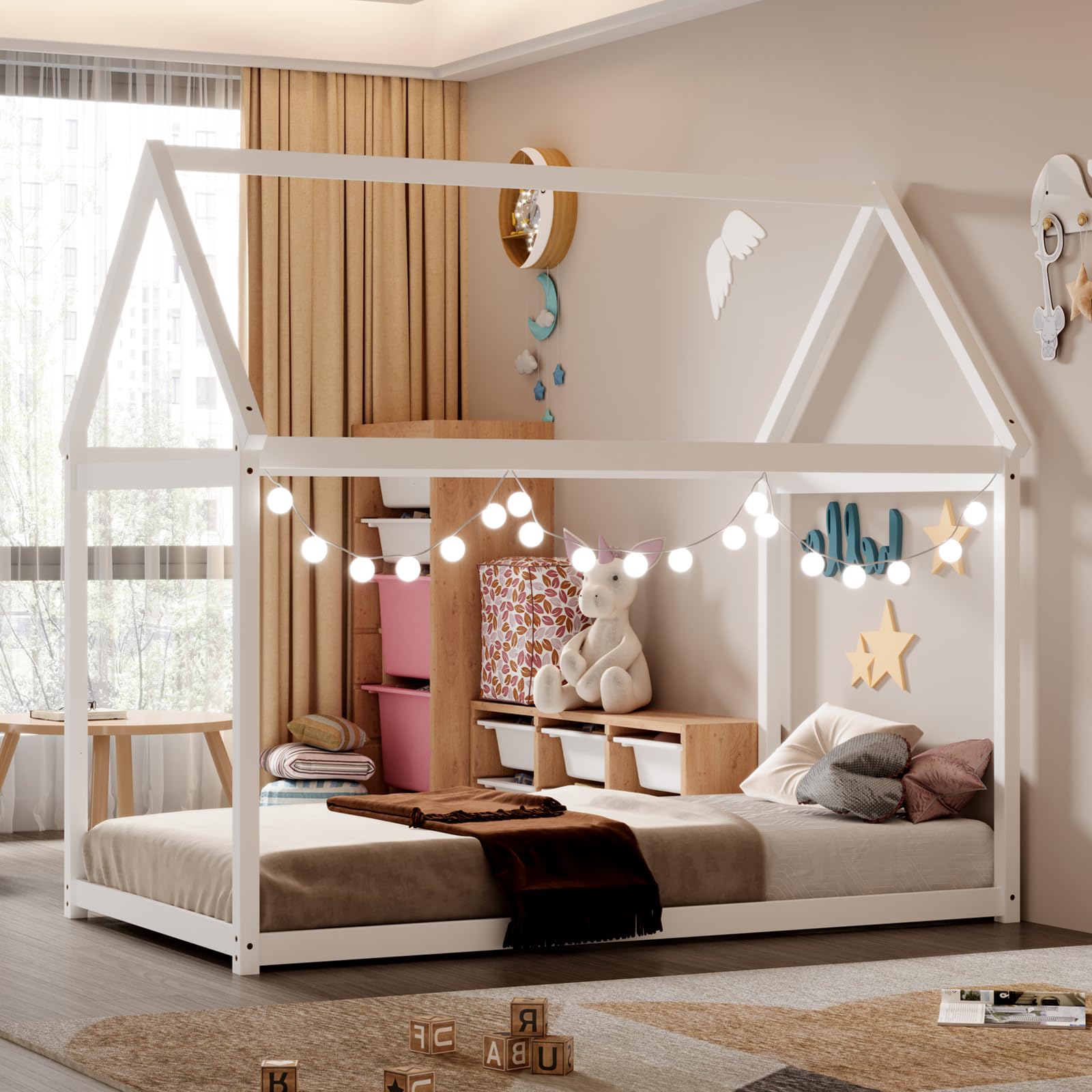 Twin Size House Bed for Kids, Solid Wood Platform Floor Bed with Roof & Multiple Slats