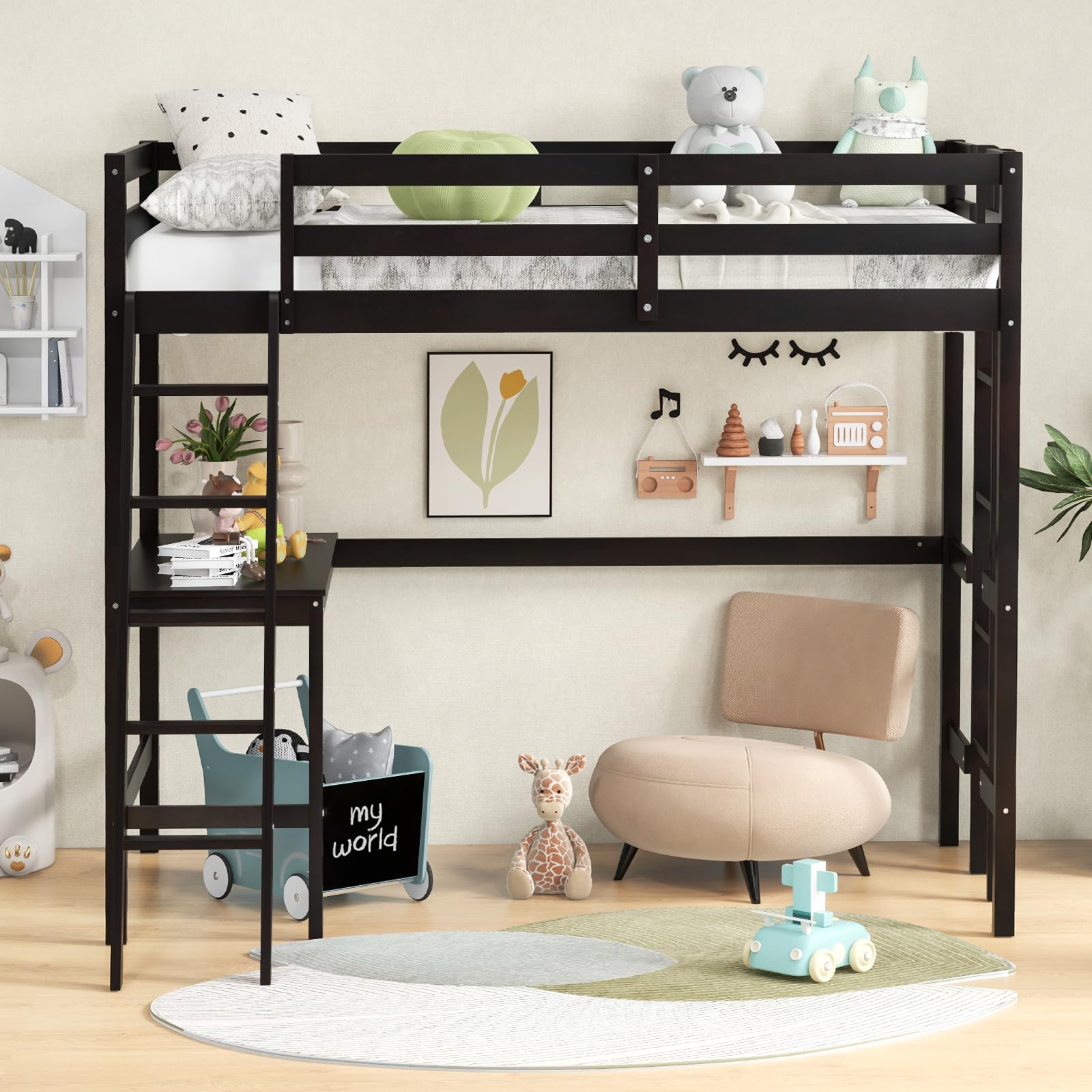 Twin Size Wood Loft Bed with Desk, 2 Ladders, Full Length Guardrail for Kids Teens Adults