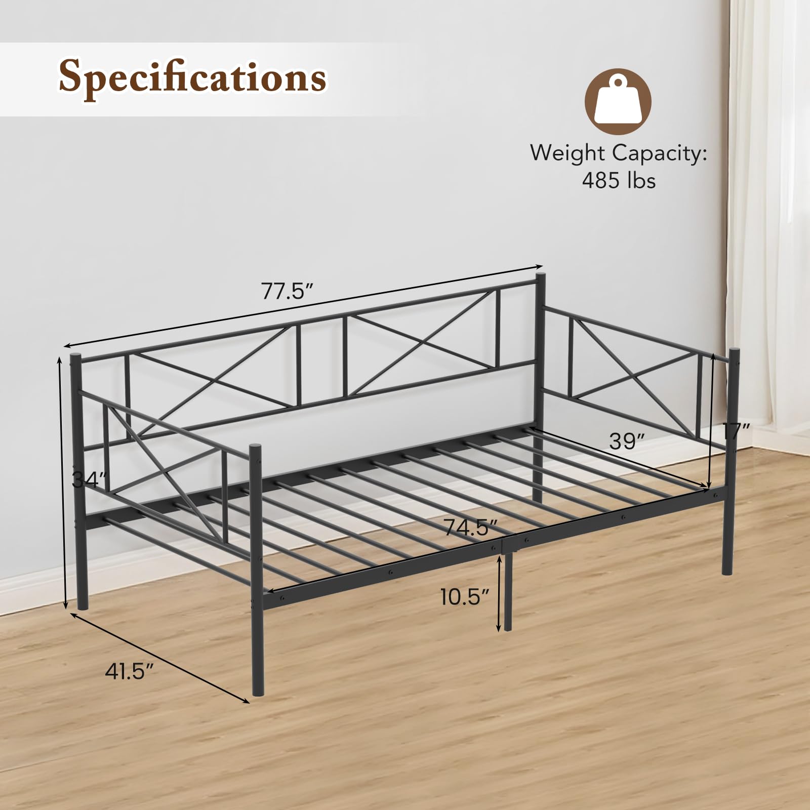 Twin Size Metal Daybed Frame Modern 2-in-1 Sofa Daybed