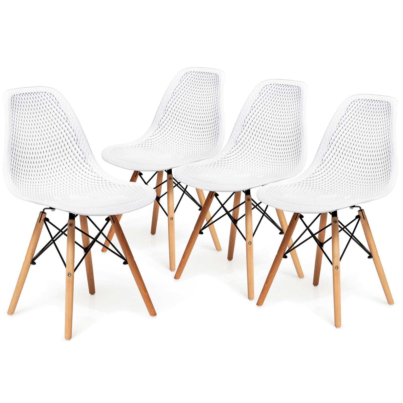 Set of 4 Modern Dining Chairs, Outdoor Indoor Shell PP Lounge Side Chairs with Mesh Design, Beech Wood Legs