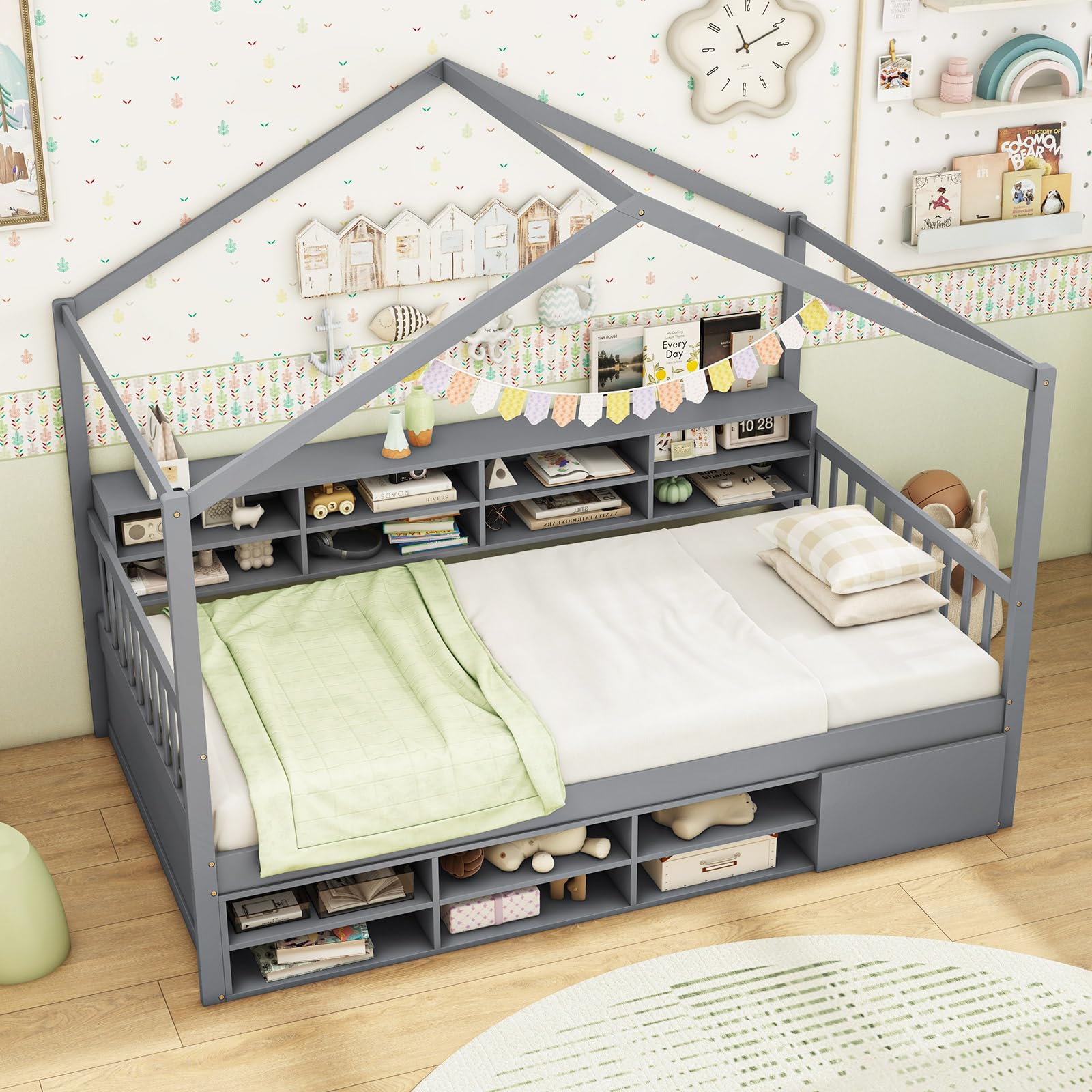 Twin Size House Bed with Storage, Wooden Montessori House Bed with 14 Storage Cubes, Enclosed Cabinet, Wood Slats & Fencing