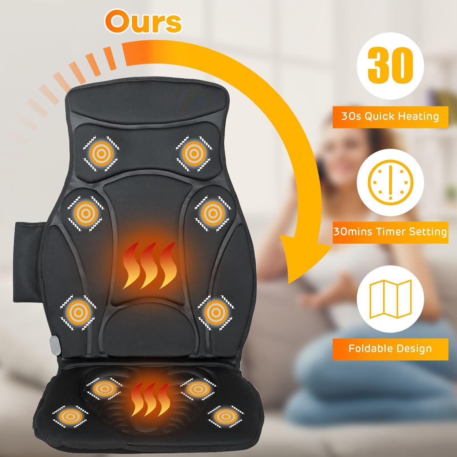Massage Seat Cushion Back Massager with Heat Chair Massager, 10 Vibration Nodes & 2 Heat Pads