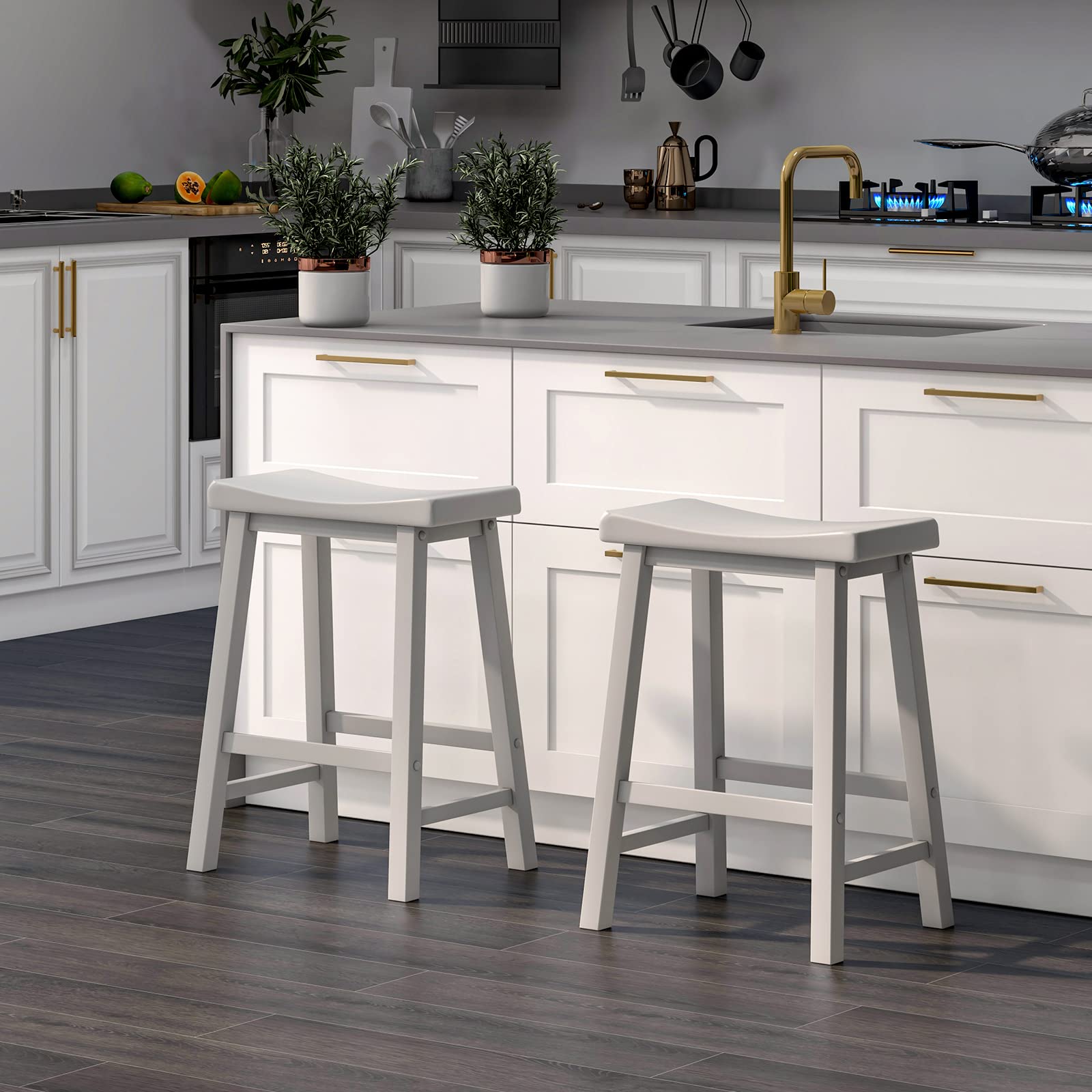 Saddle Stools Set of 2/4, 24-inch Counter Height Barstools with Solid Wood Legs & Footrests