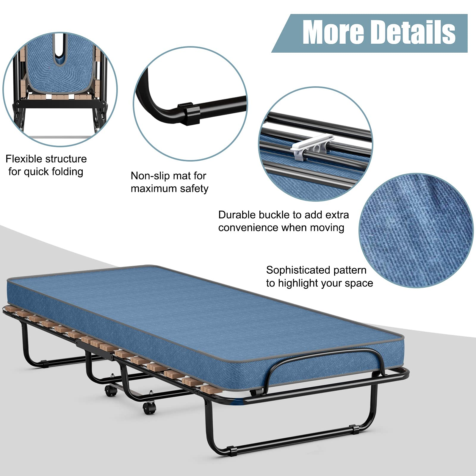 Folding Bed with Mattress for Adults, Rollaway Guest Beds w/Memory Foam Mattress & Metal Frame