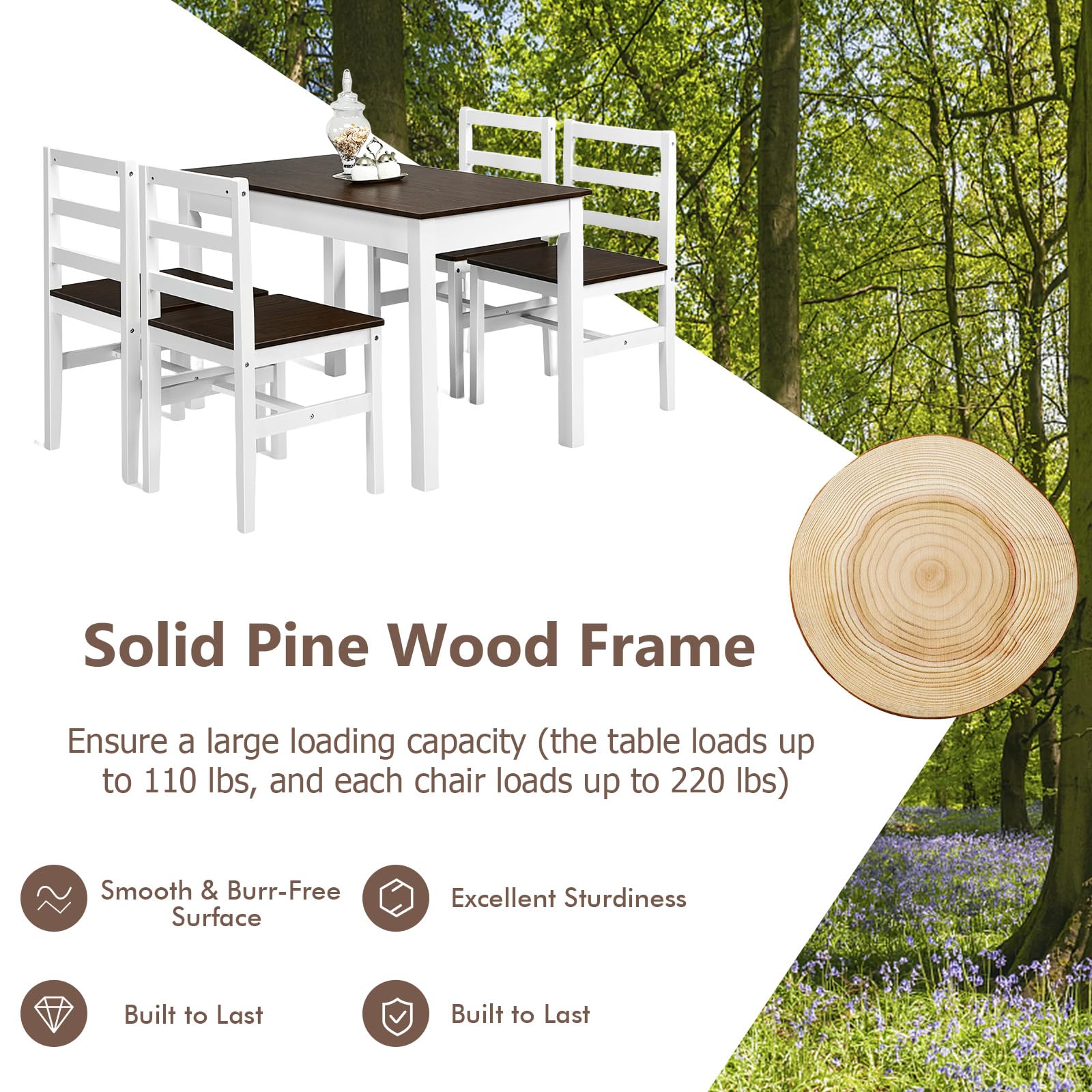 5 Piece Dining Set of 4, Solid Wood Rectangular Table & 4 Chairs, Farmhouse Dinette Set w/Pine Wood Legs